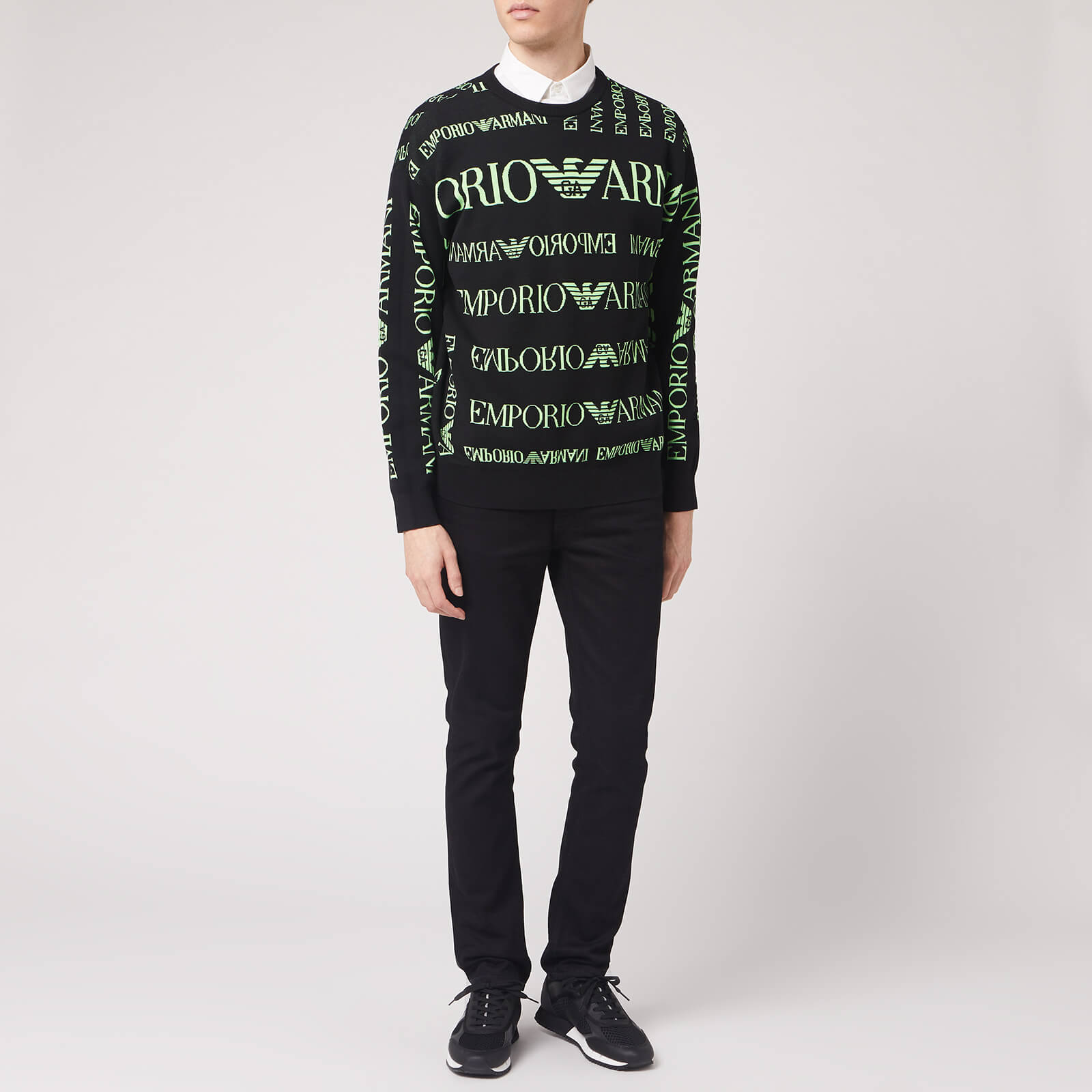 Emporio Armani Men's Neon All Over Logo Knitted Jumper - Black/Neon Green -  S | Coggles