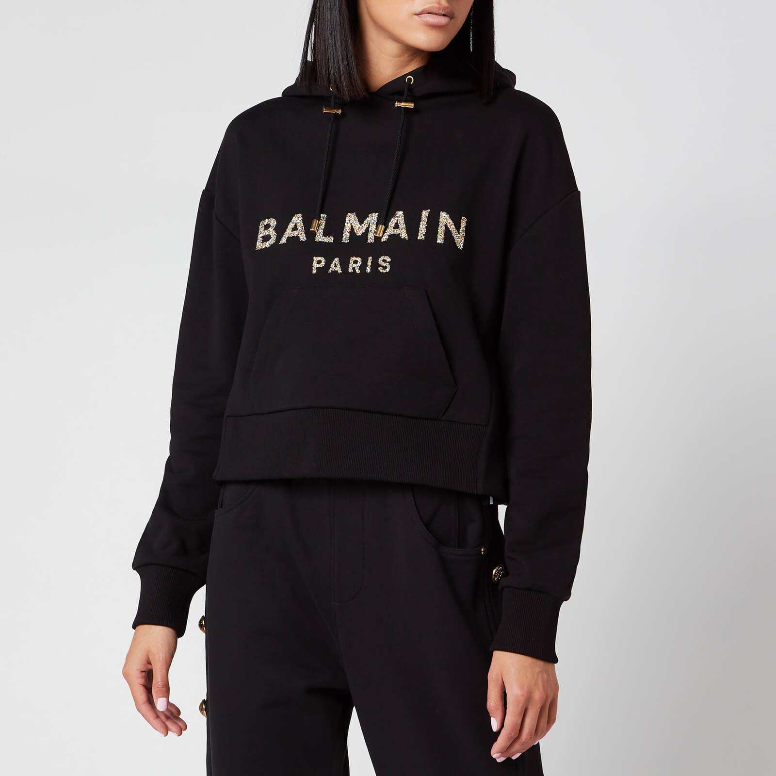 Balmain Women s Cropped Sequined Logo Hoodie Black Coggles