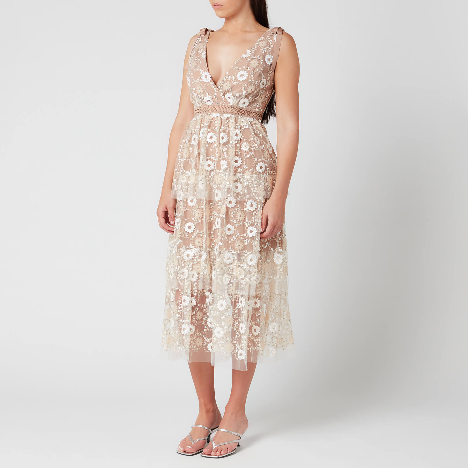Self Portrait Women s Flower Sequin Tiered Midi Dress Multi UK 6 Coggles