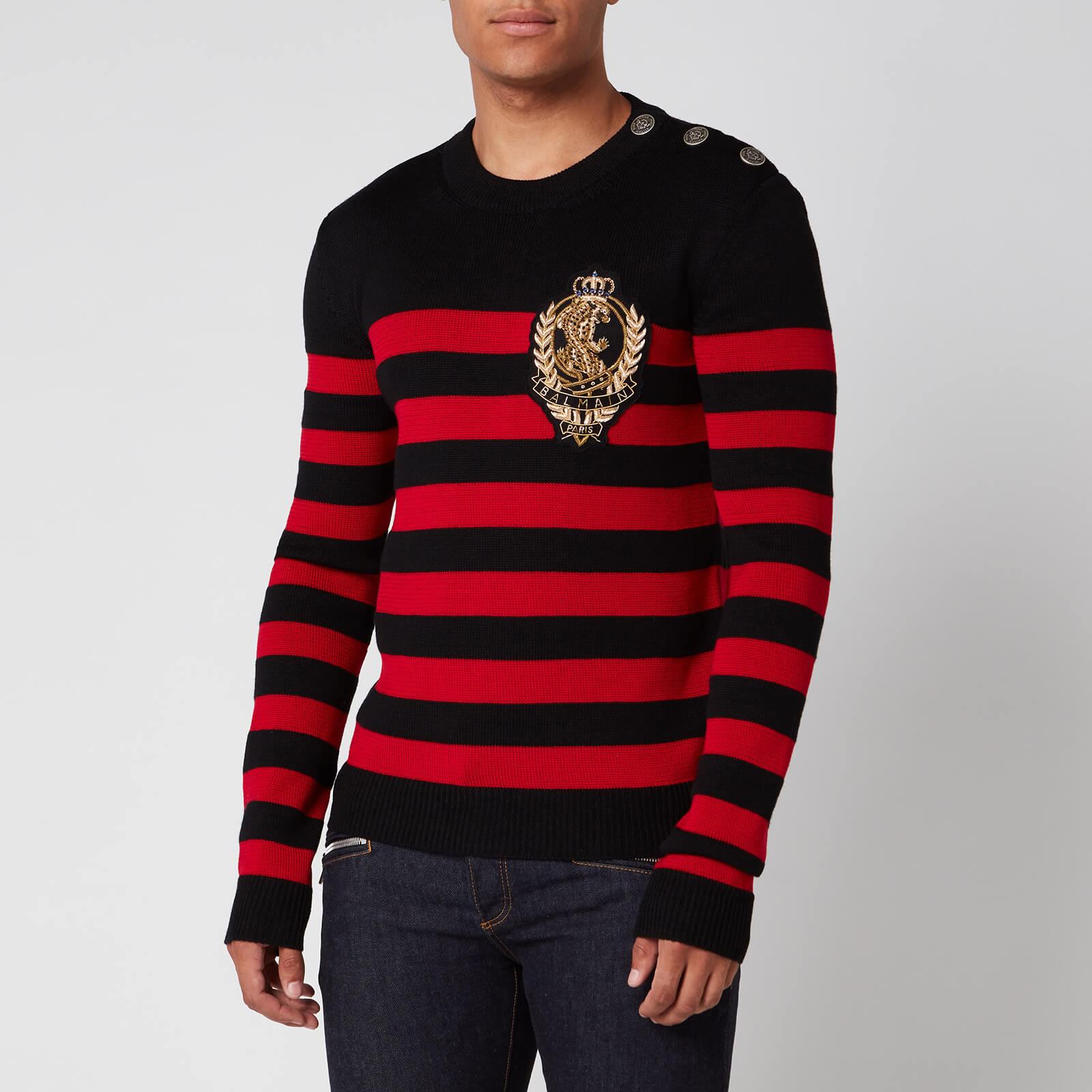 Balmain Men s Striped Wool Knit Badge Jumper Black Red Coggles