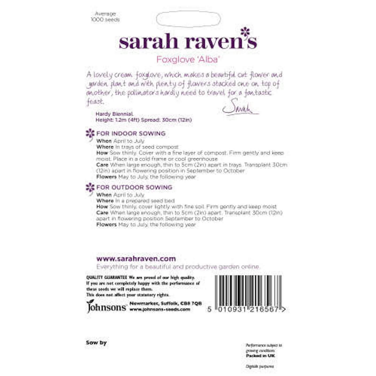 Sarah Ravens Foxglove Alba Seeds