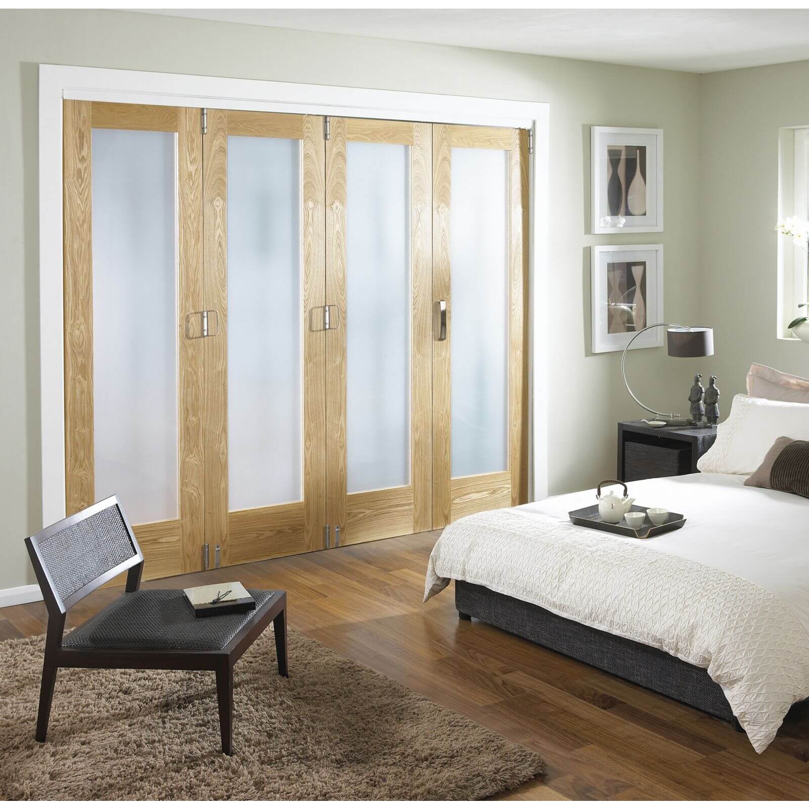 Room Divider Obscure Glazed Oak Veneer - 4 Door - 2545mm Wide