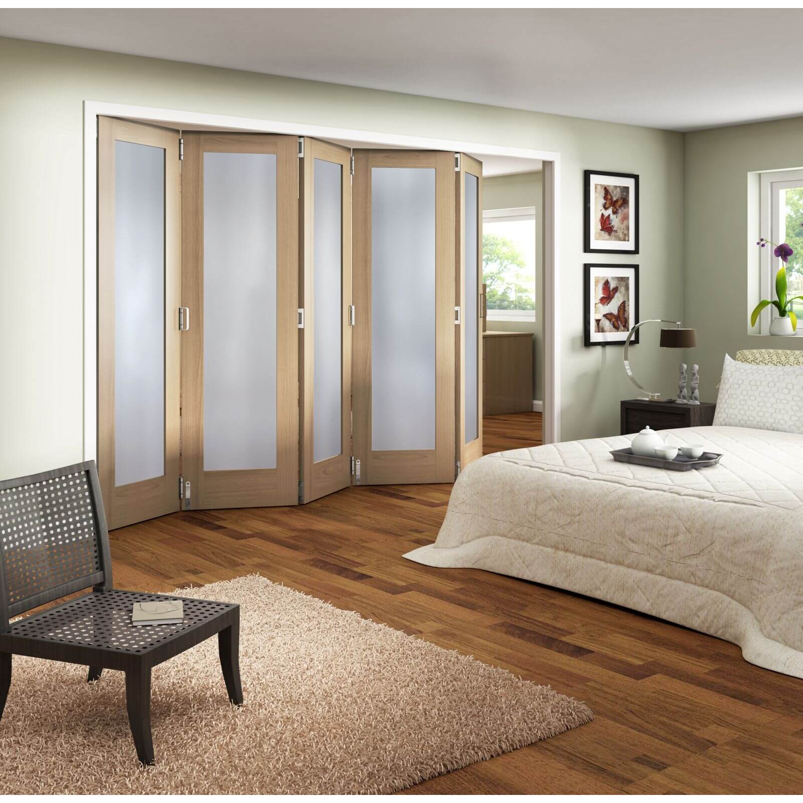 Obscure Glazed Oak Veneer 5 Door Internal Room Divider - 3158mm Wide