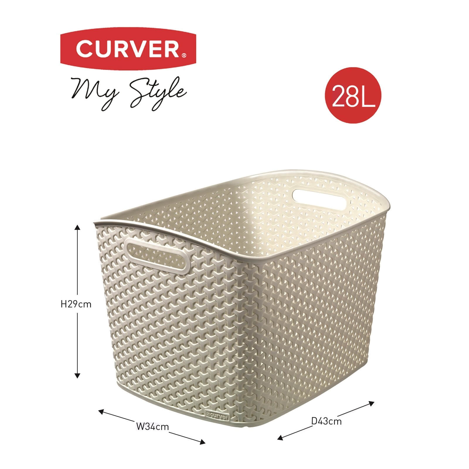 Curver My Style Extra Large Rectangular Plastic Storage Basket - Vintage White 28L