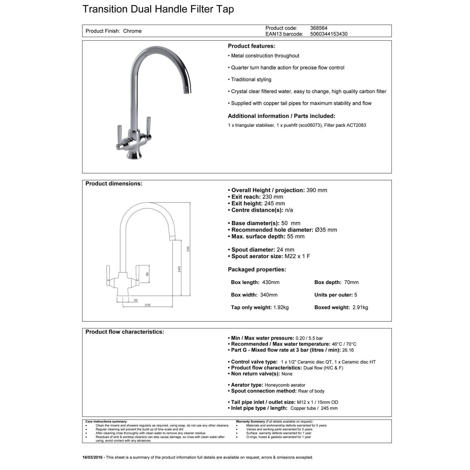 Transition Dual Handle Filter Kitchen Tap - Chrome