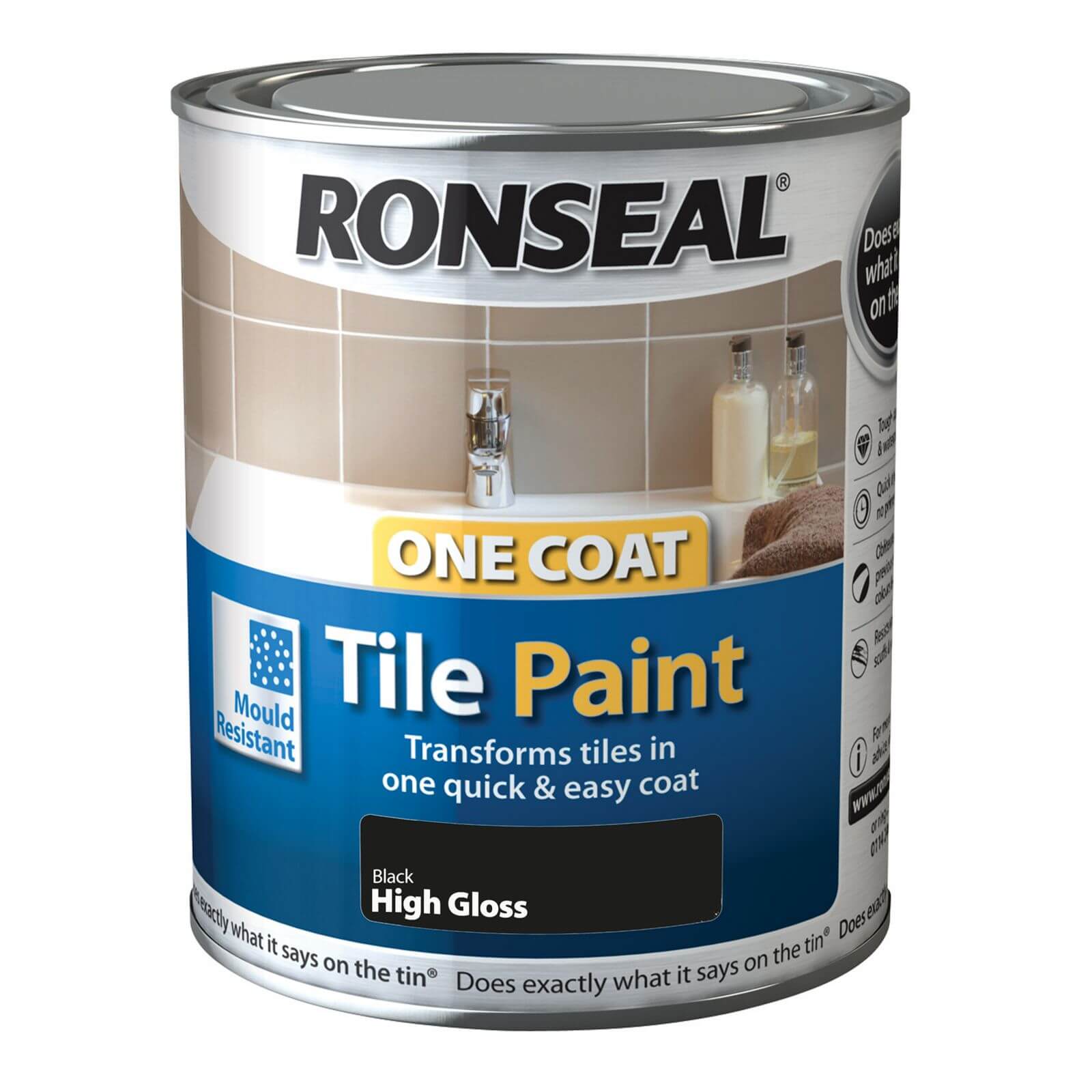 Ronseal One Coat Tile Paint Black High Gloss - 750ml