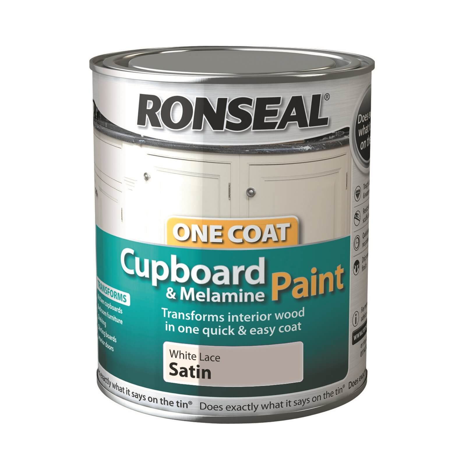 Ronseal One Coat Cupboard Paint White Lace Satin - 750ml