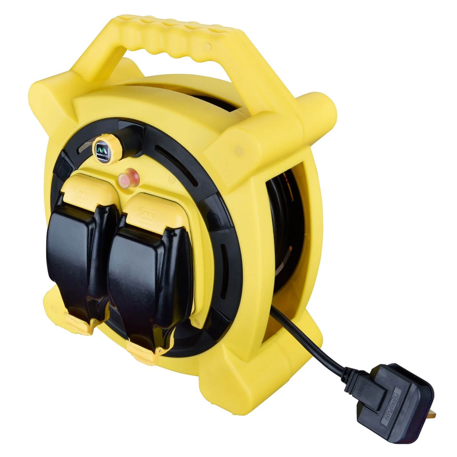 Masterplug 2 Socket Cable Reel with IP Rated Sockets 15m Black/Yellow