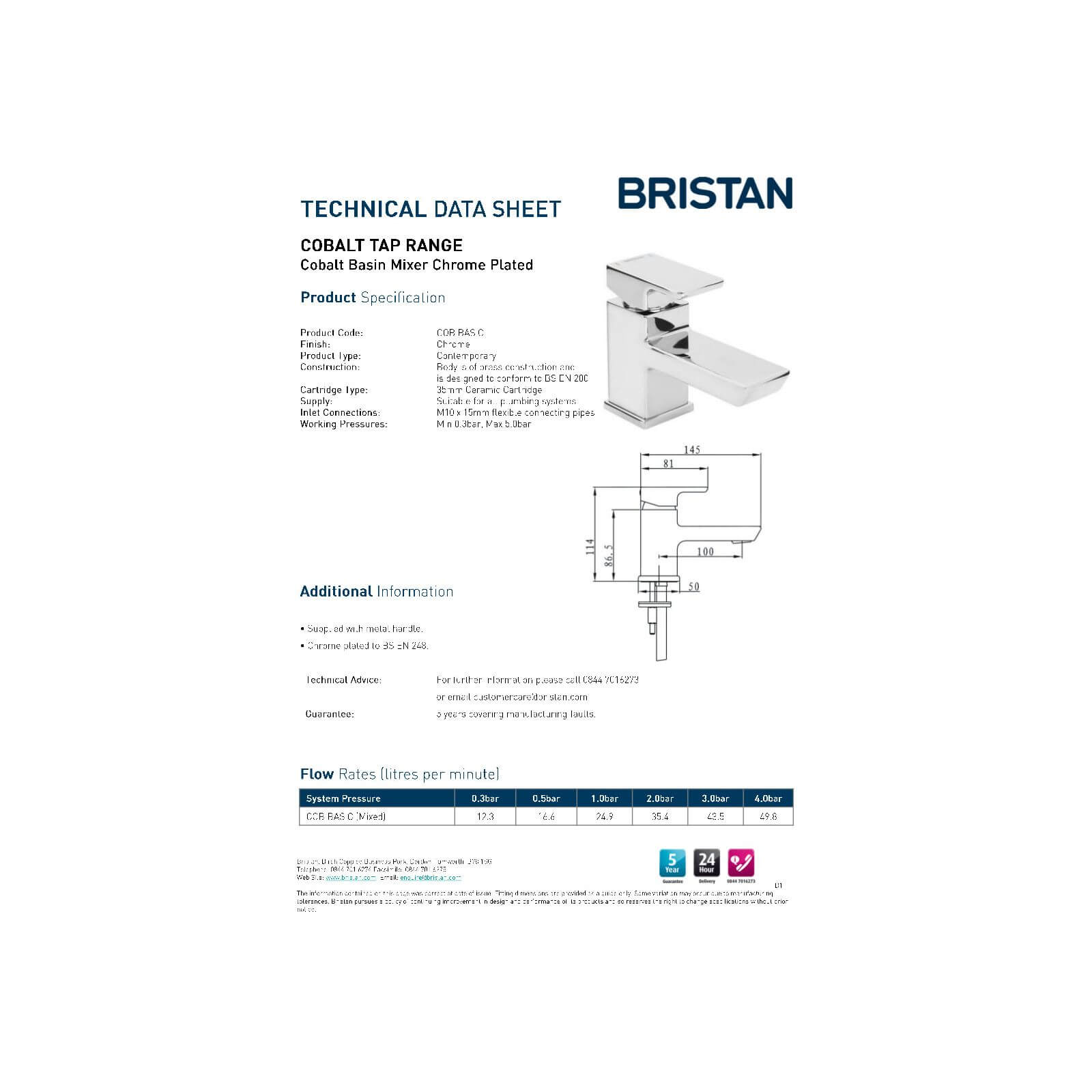Bristan Cobalt Basin Mixer Tap - Chrome