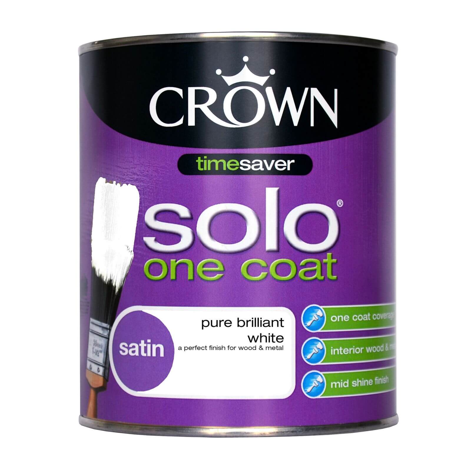 Crown Solo One Coat Satin Paint Pure Brilliant White - 750ml