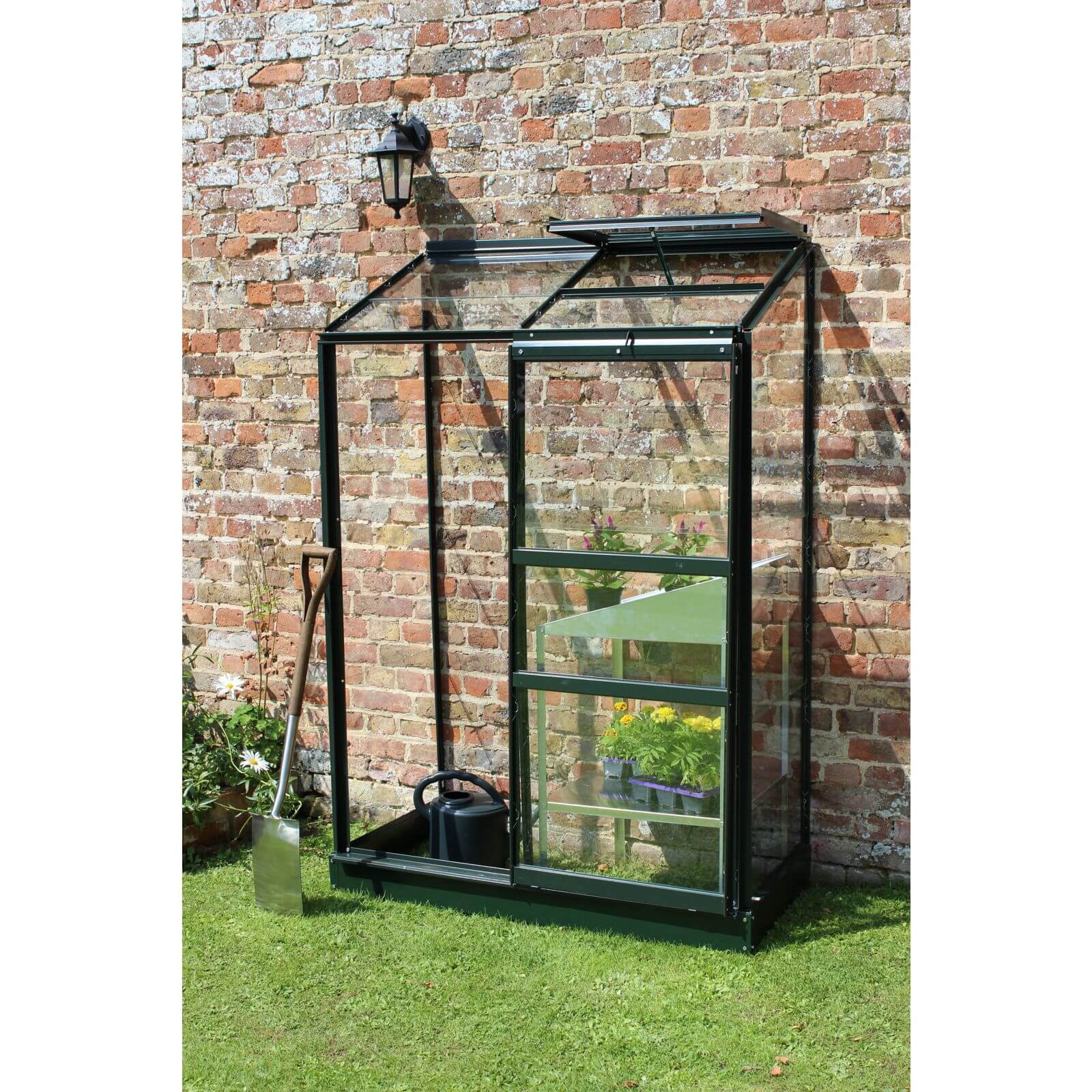 Halls Wall Garden 24 Aluminium Greenhouse with Horticultural Glass & Base - Green