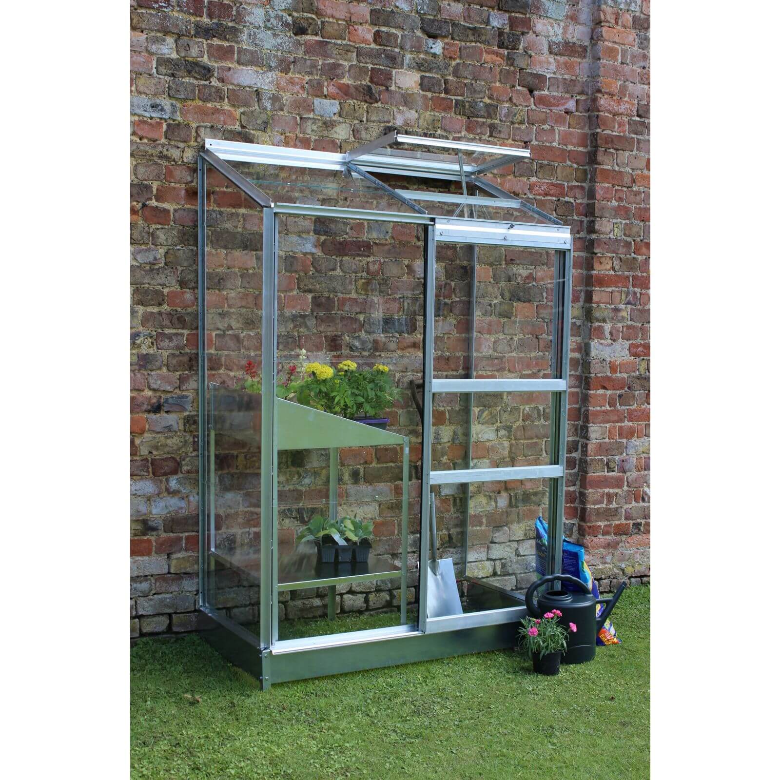 Halls Wall Garden 24 Aluminium Greenhouse with Toughened Glass & Base - Silver