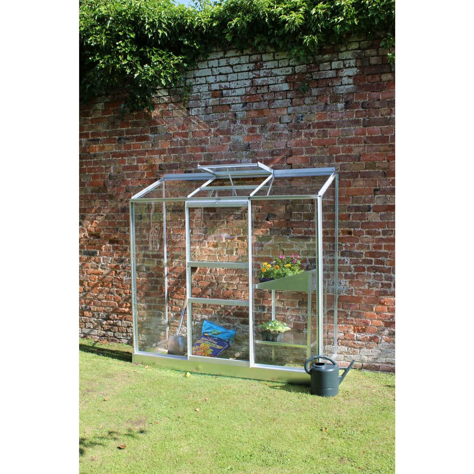 Halls Wall Garden 26 Aluminium Greenhouse with Horticultural Glass & Base - Silver