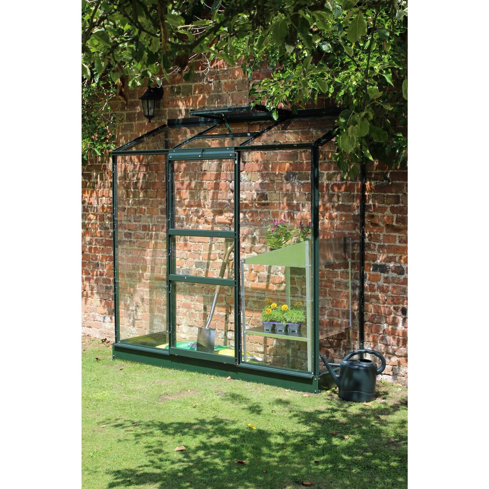 Halls Wall Garden 26 Aluminium Greenhouse with Horticultural Glass & Base - Green