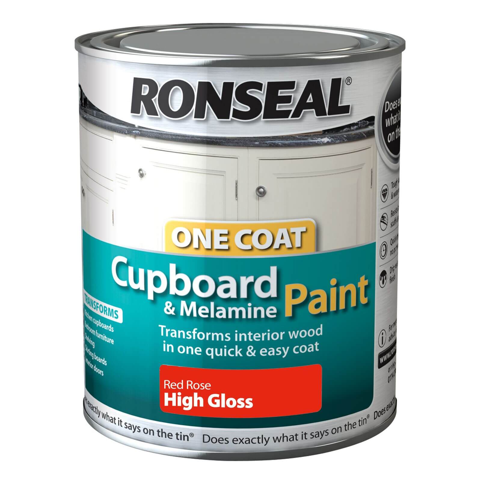 Ronseal One Coat Cupboard Melamine & MDF Paint Red Rose High Gloss 750ml