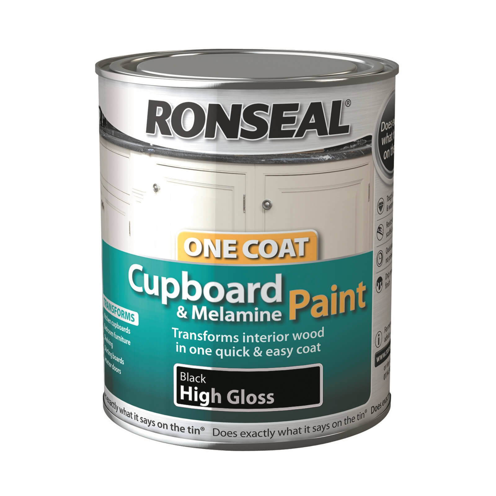 Ronseal One Coat Cupboard Melamine & MDF Paint Black High Gloss 750ml