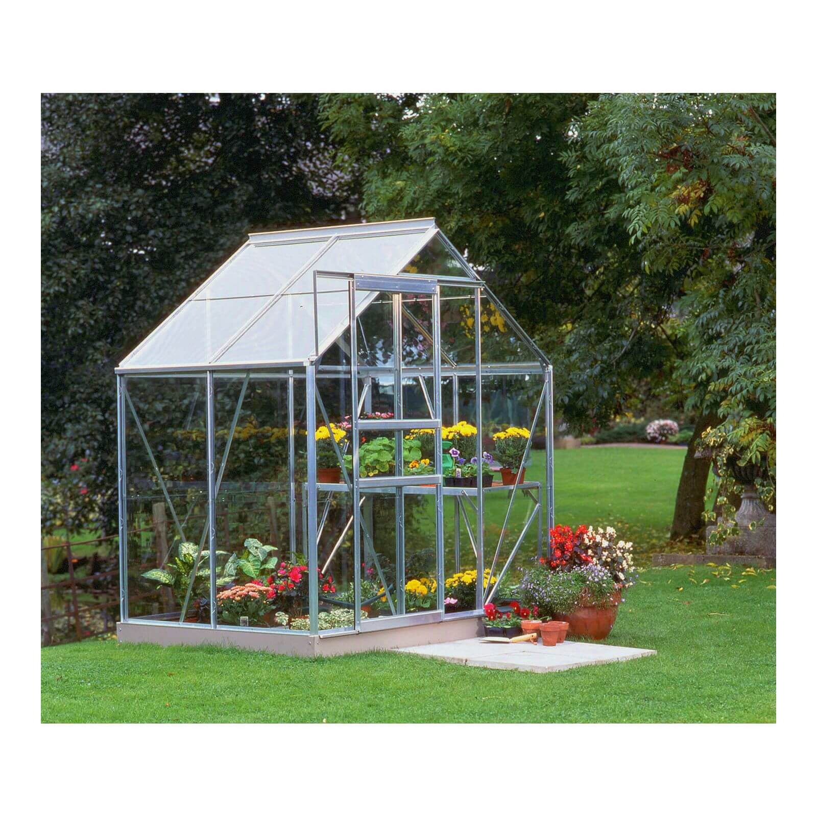 Halls 4 x 6ft Aluminium Popular Silver Greenhouse with Horticultural Glass & Base