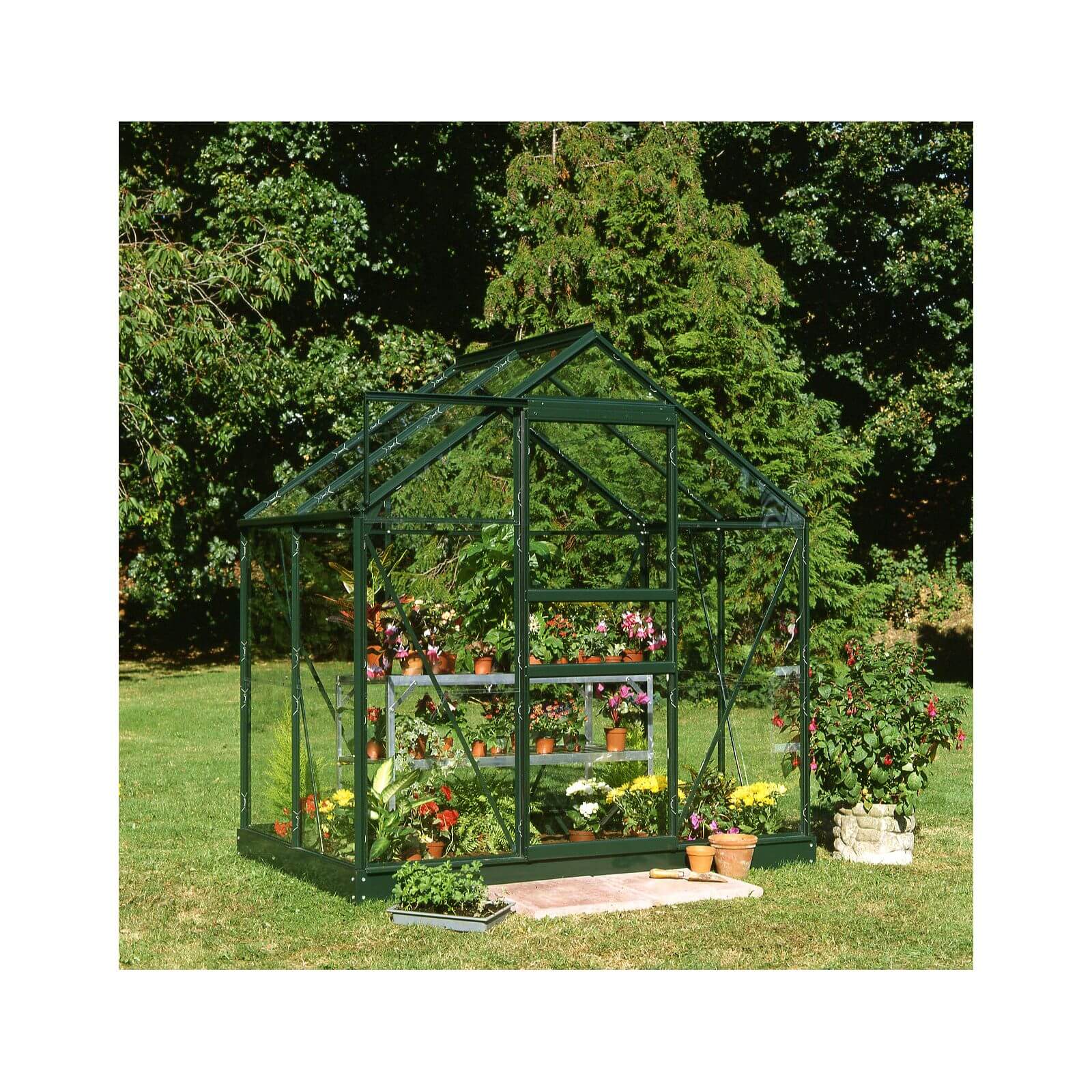 Halls 4 x 6ft Aluminium Popular Green Greenhouse with Horticultural Glass & Base