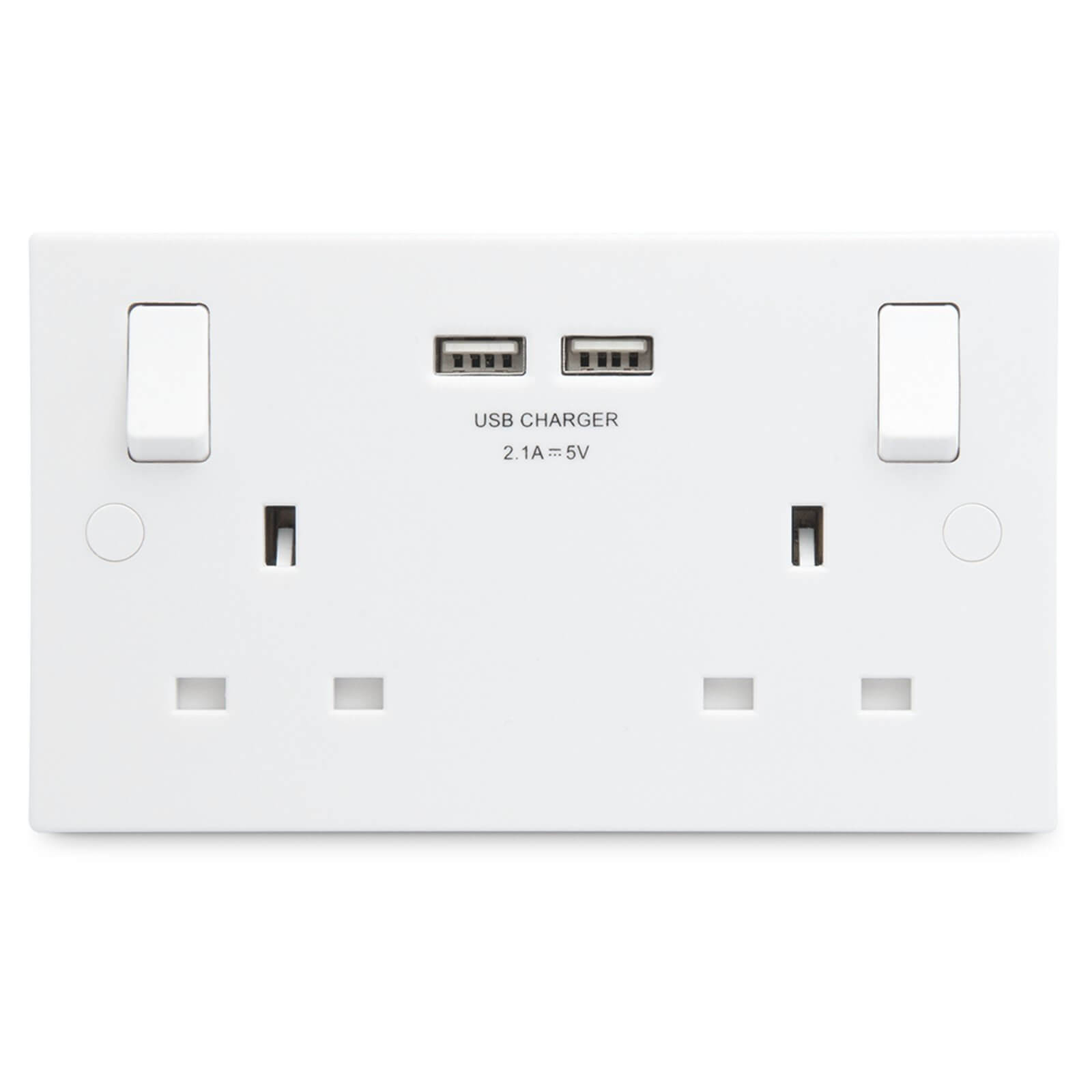 Double Socket with USB Charging - White Moulded - Square Edge