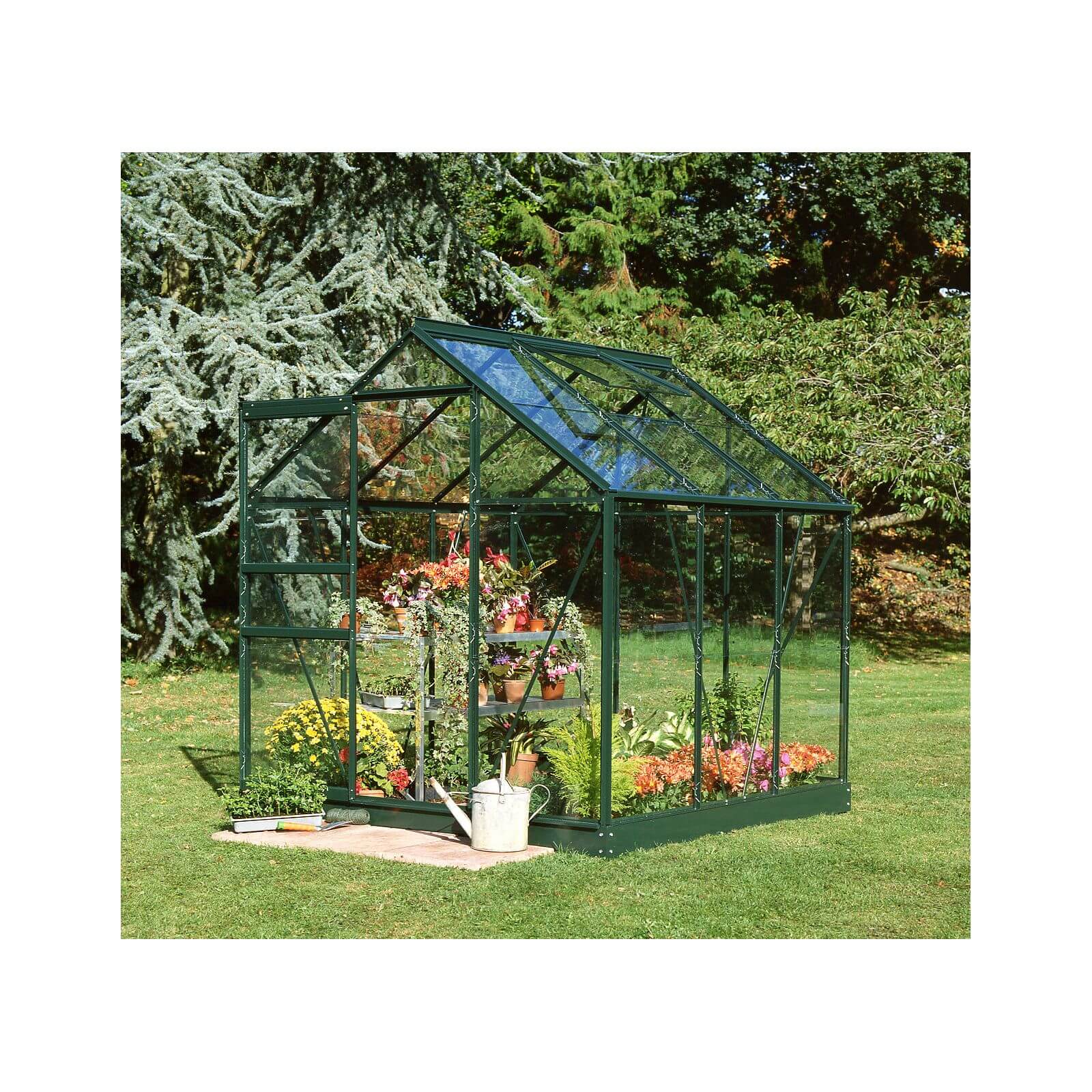 Halls 6 x 6ft Aluminium Popular Green Greenhouse with Toughened Glass & Base