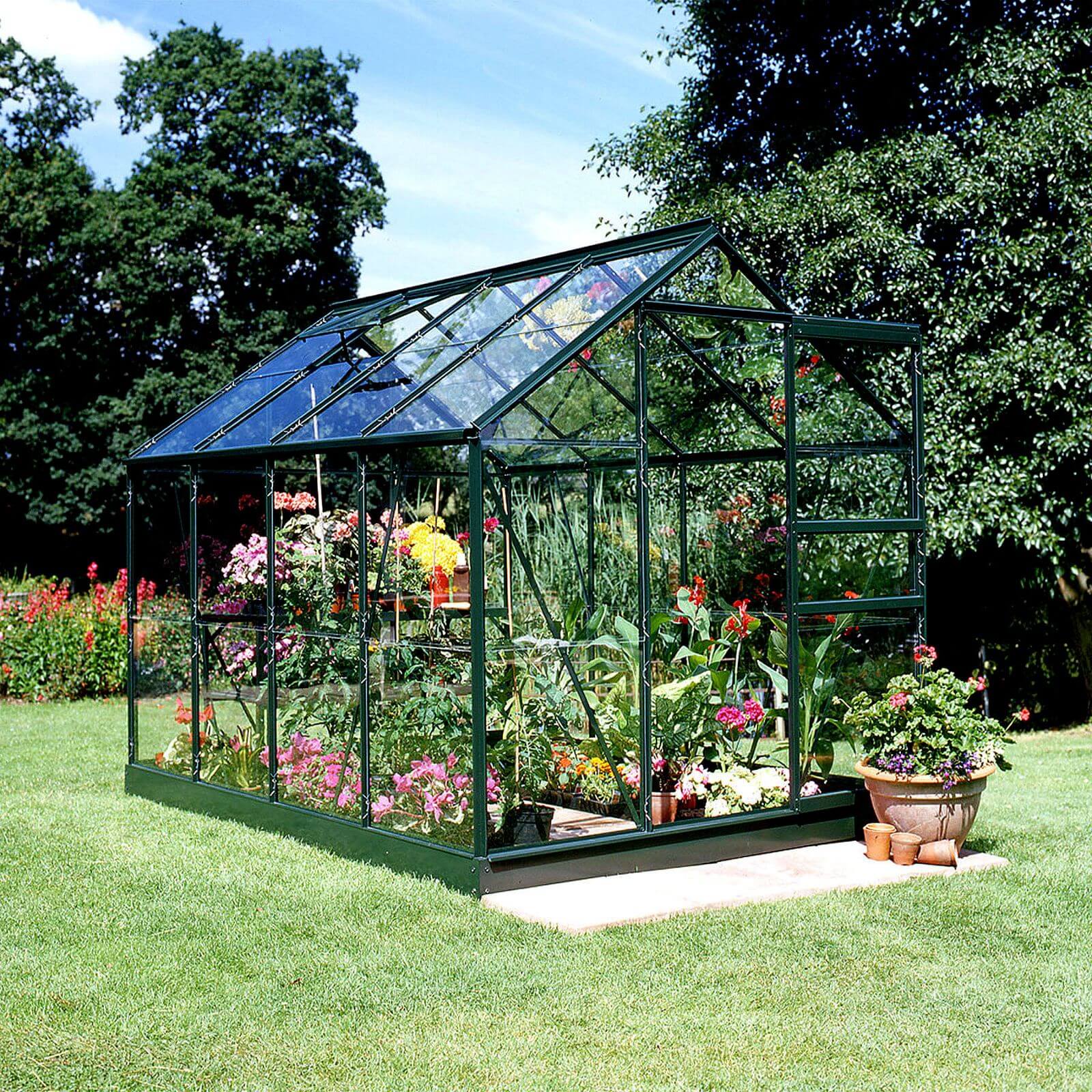Halls 8 x 6ft Aluminium Popular Green Greenhouse with Horticultural Glass & Base