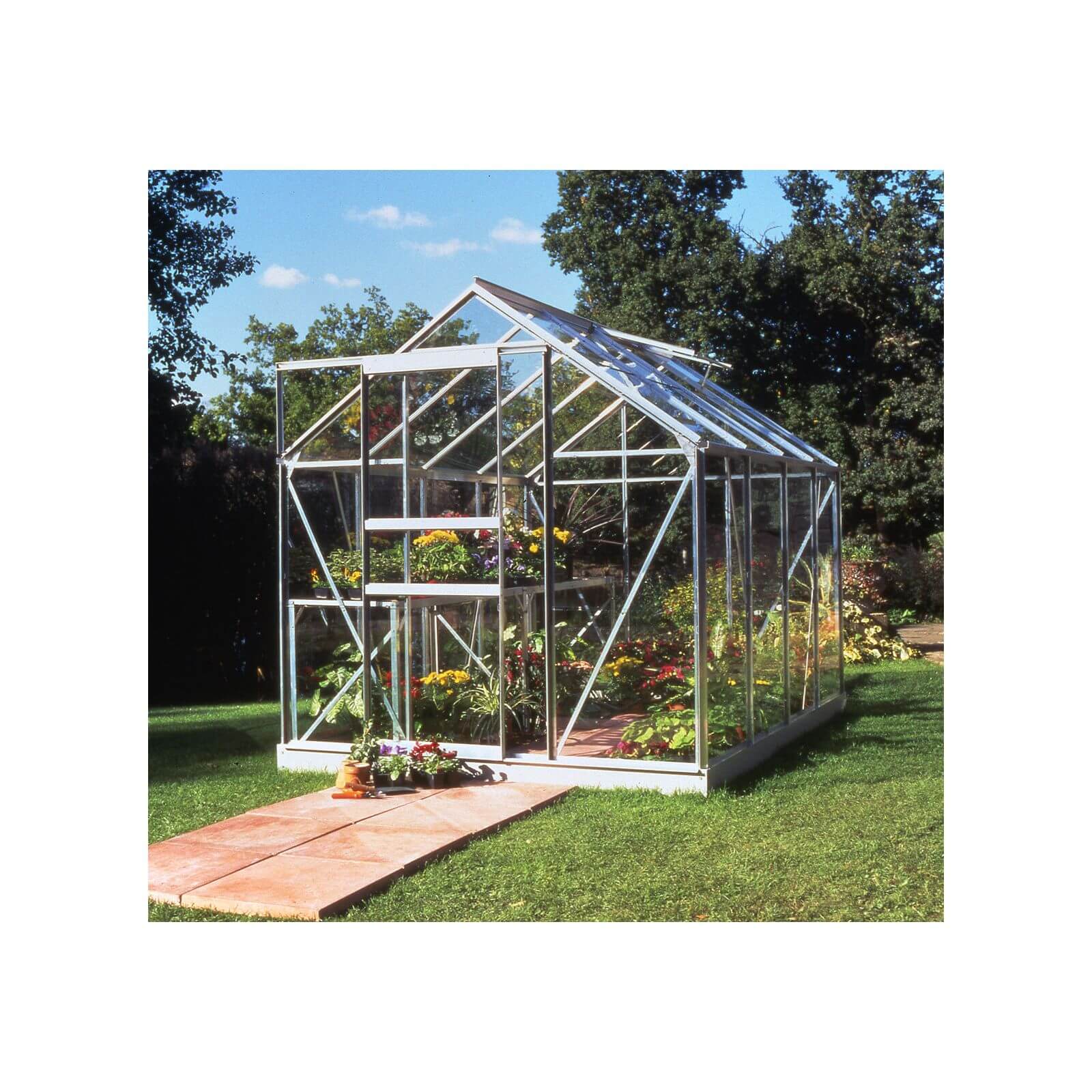Halls 8 x 6ft Aluminium Popular Silver Greenhouse with Horticultural Glass & Base