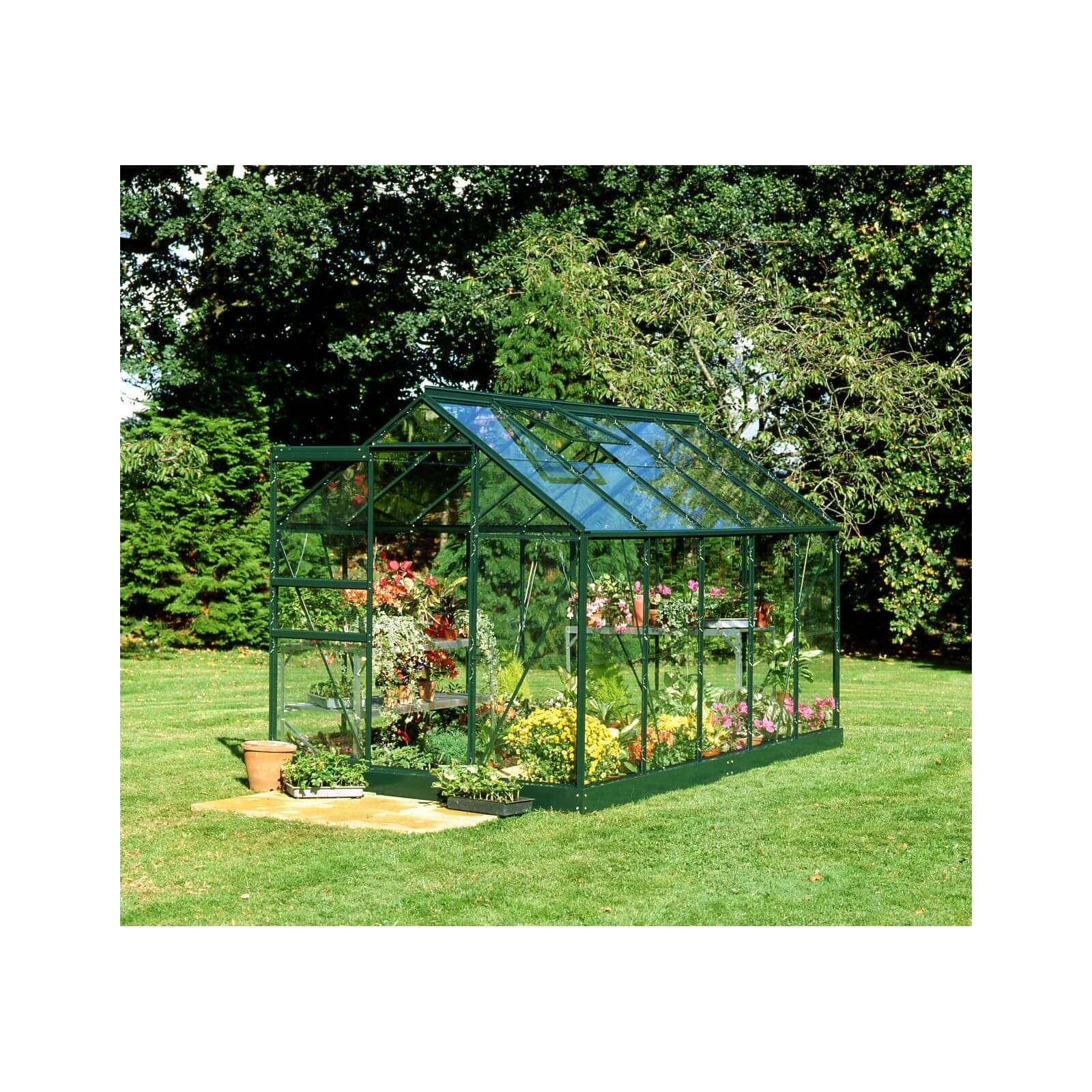 Halls 10 x 6ft Aluminium Popular Green Greenhouse with Horticultural Glass & Base
