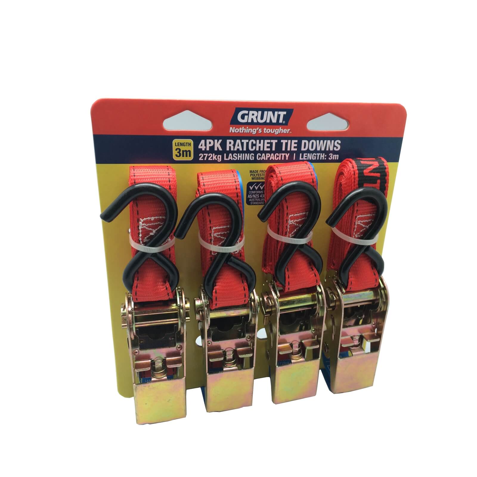 Grunt Ratchet Tie Down 25mm x 3m - 4 Pack