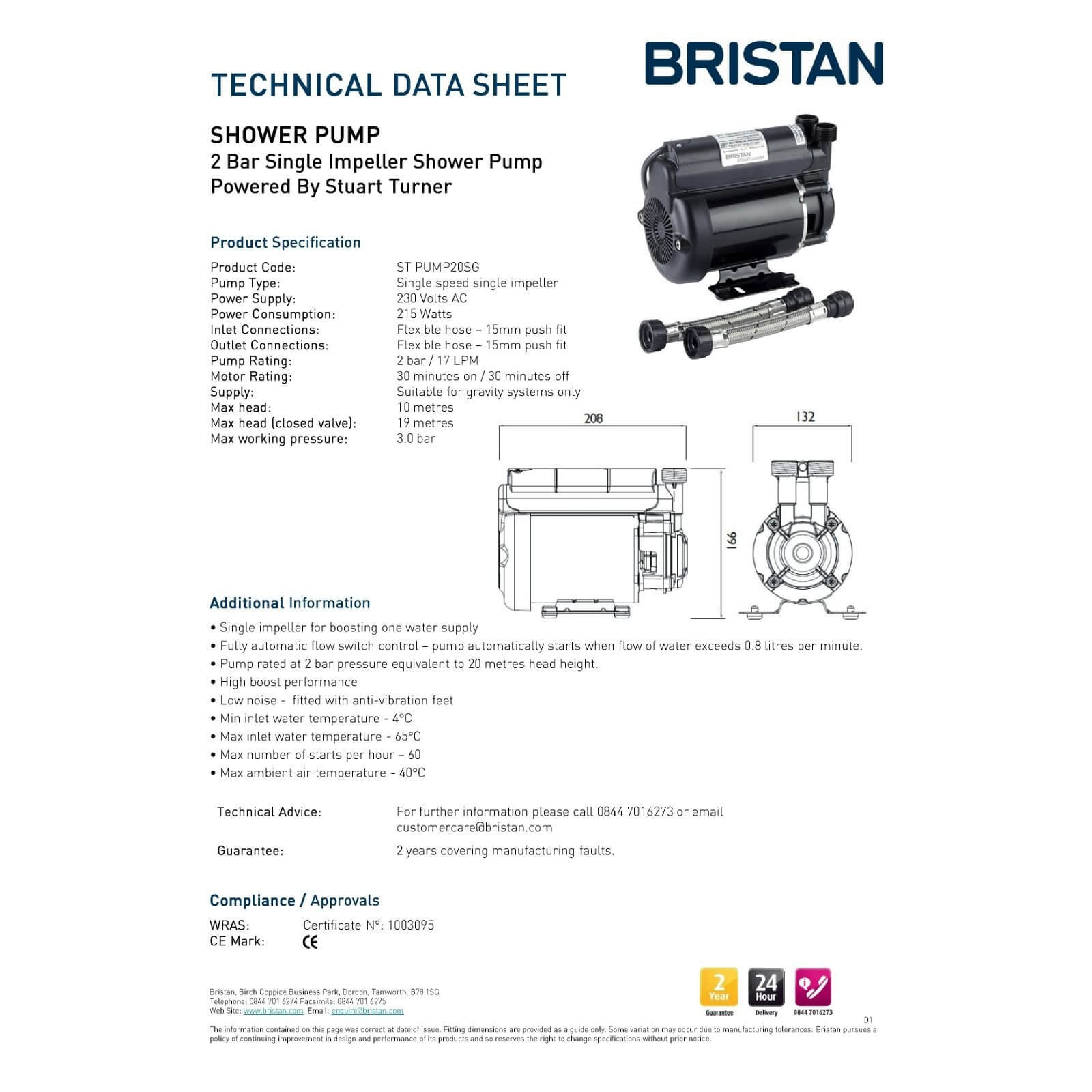 Bristan 2.0 Bar Single End Shower Pump - Black