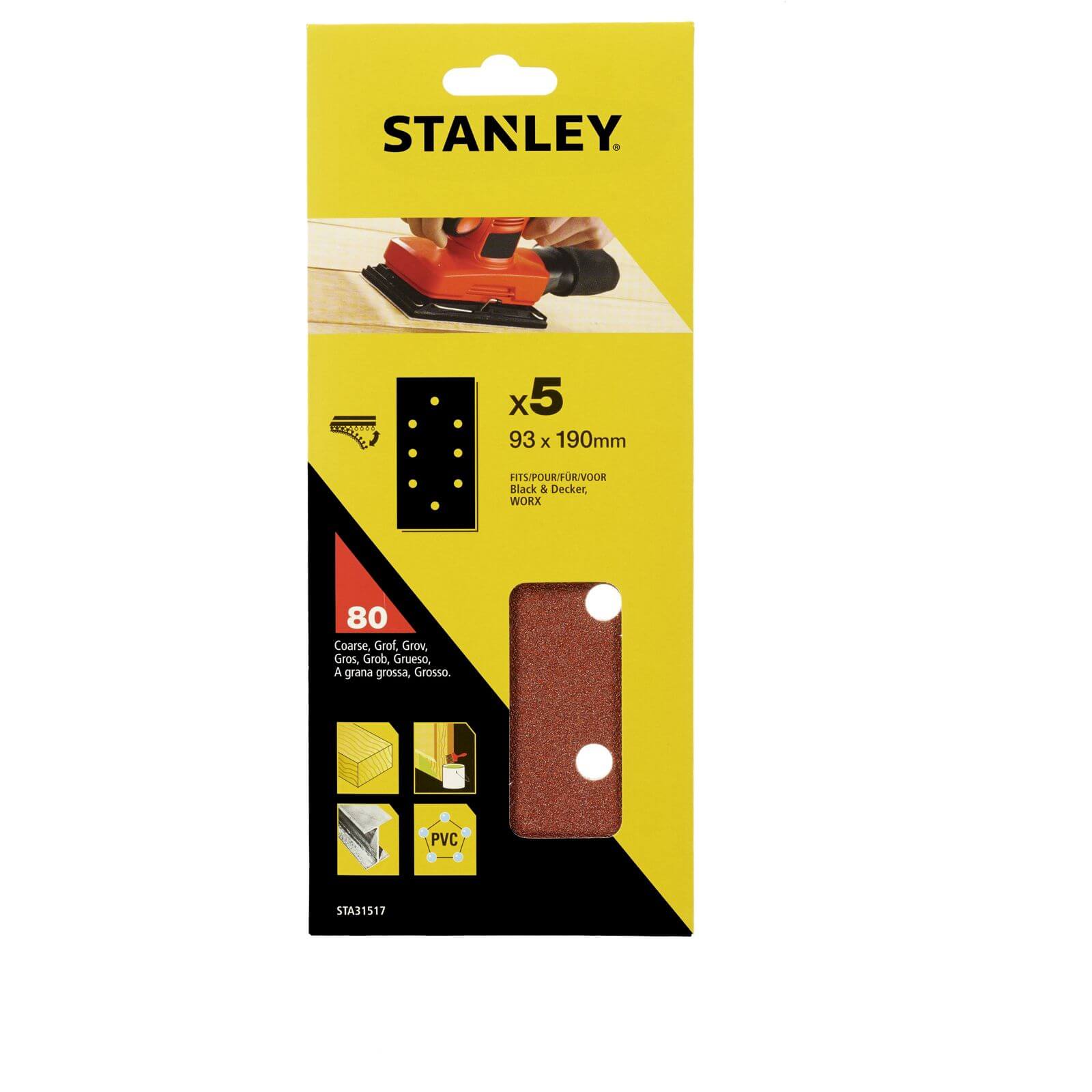 Stanley 1/3 Sheet Sander 80G Hook & Loop Sanding Sheets - STA31517-XJ
