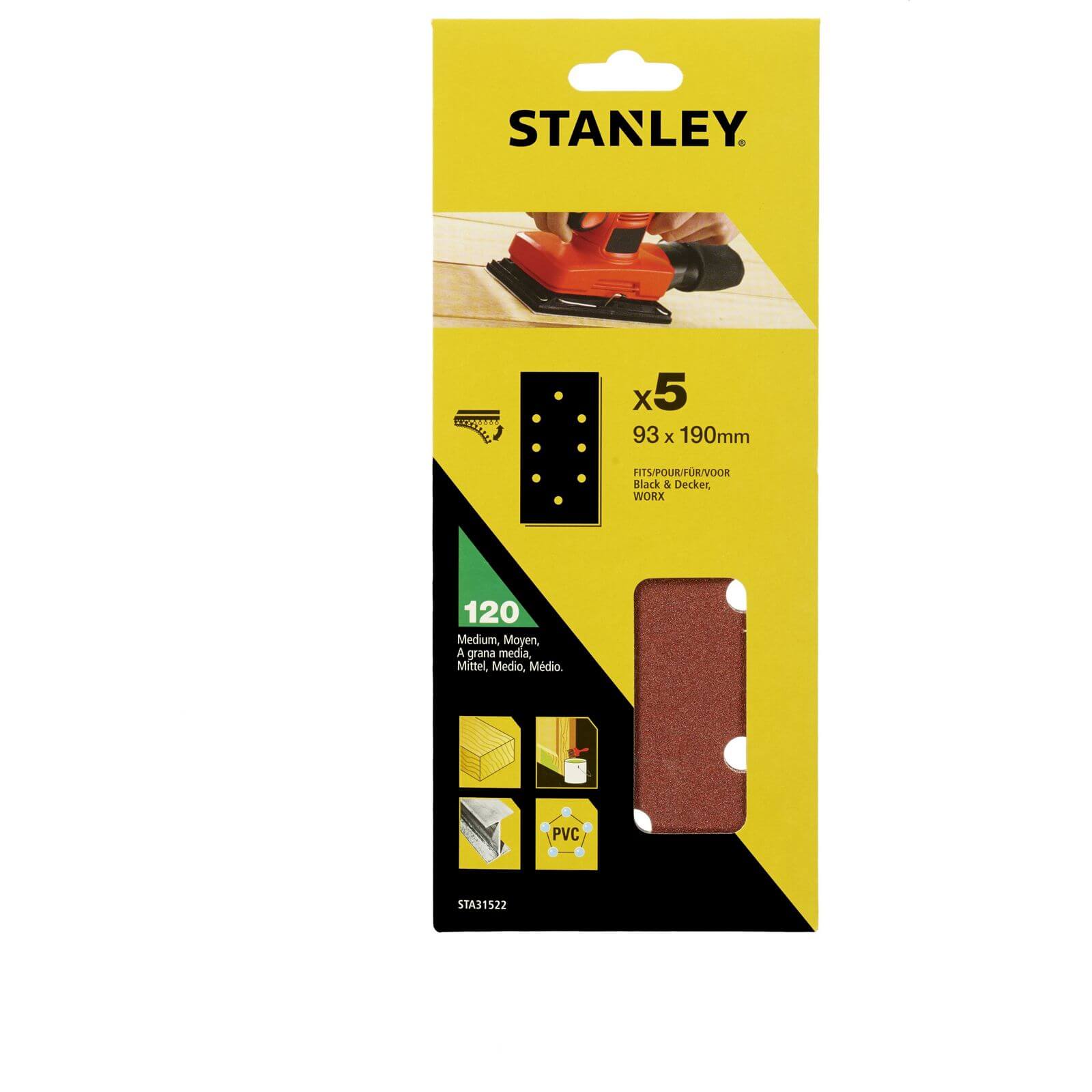 Stanley 1/3 Sheet Sander 120G Hook & Loop Sanding Sheets - STA31522-XJ