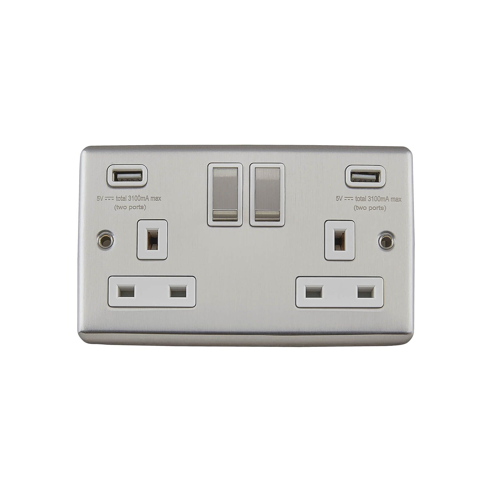 Arlec Metal Screwed 13 Amp 2 Gang Switched Socket with 2 x 3.A USB Stainless Steel