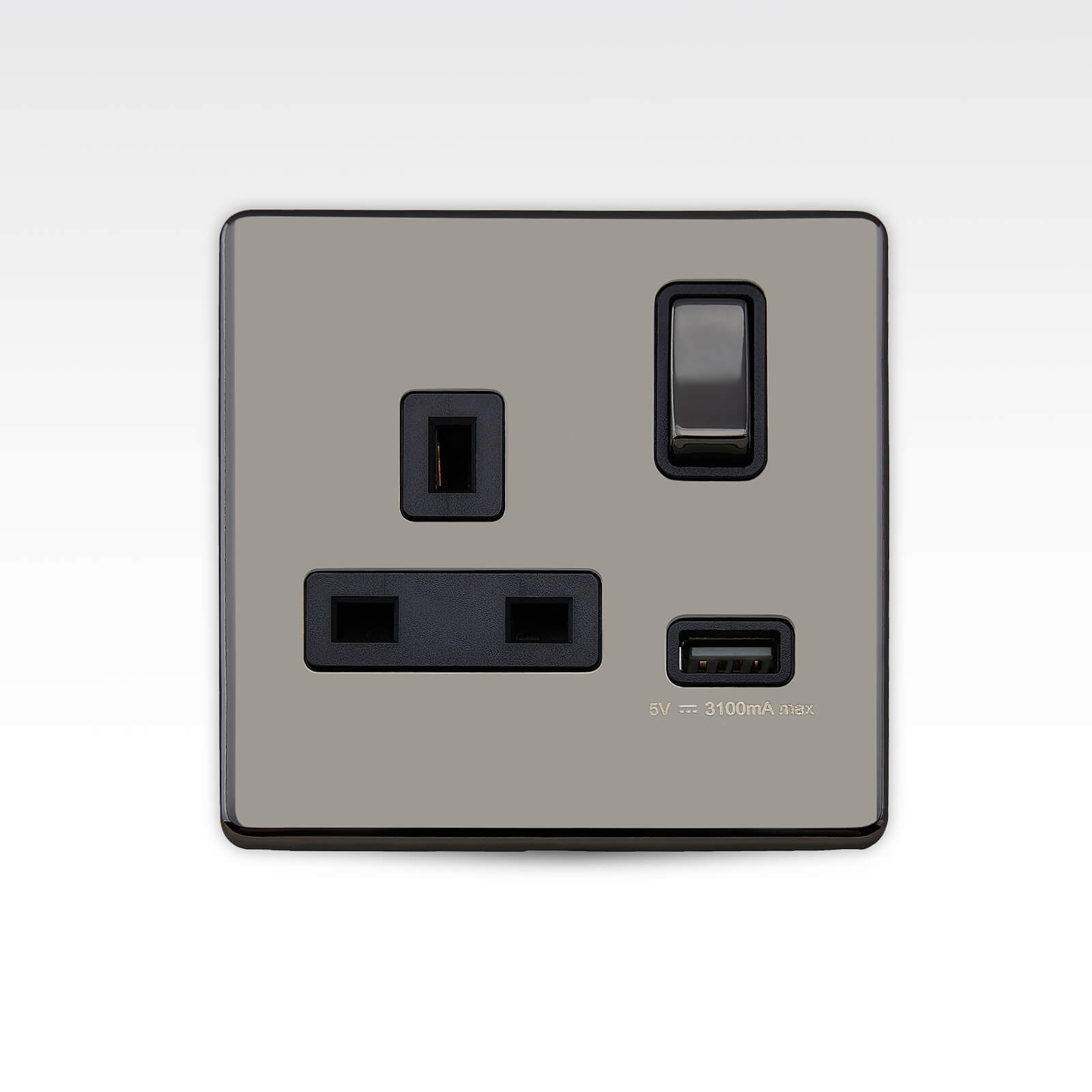 Arlec Metal Screwless 13 Amp 1 Gang Switched Socket with 2 x 2.1 Amp USB Black Nickel