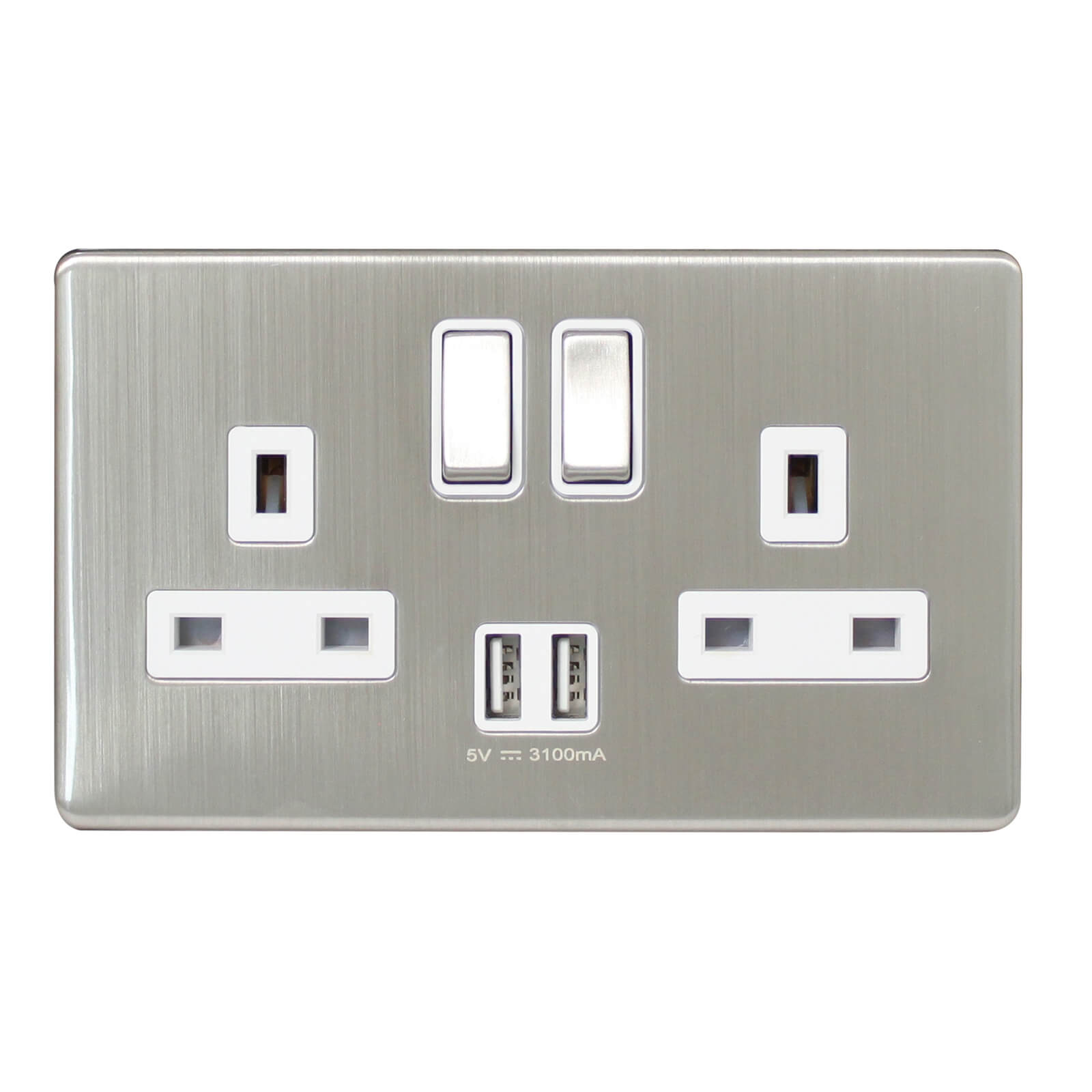 Arlec Metal Screwless 13 Amp 2 Gang Switched Socket with 2 x 3.A USB Stainless Steel