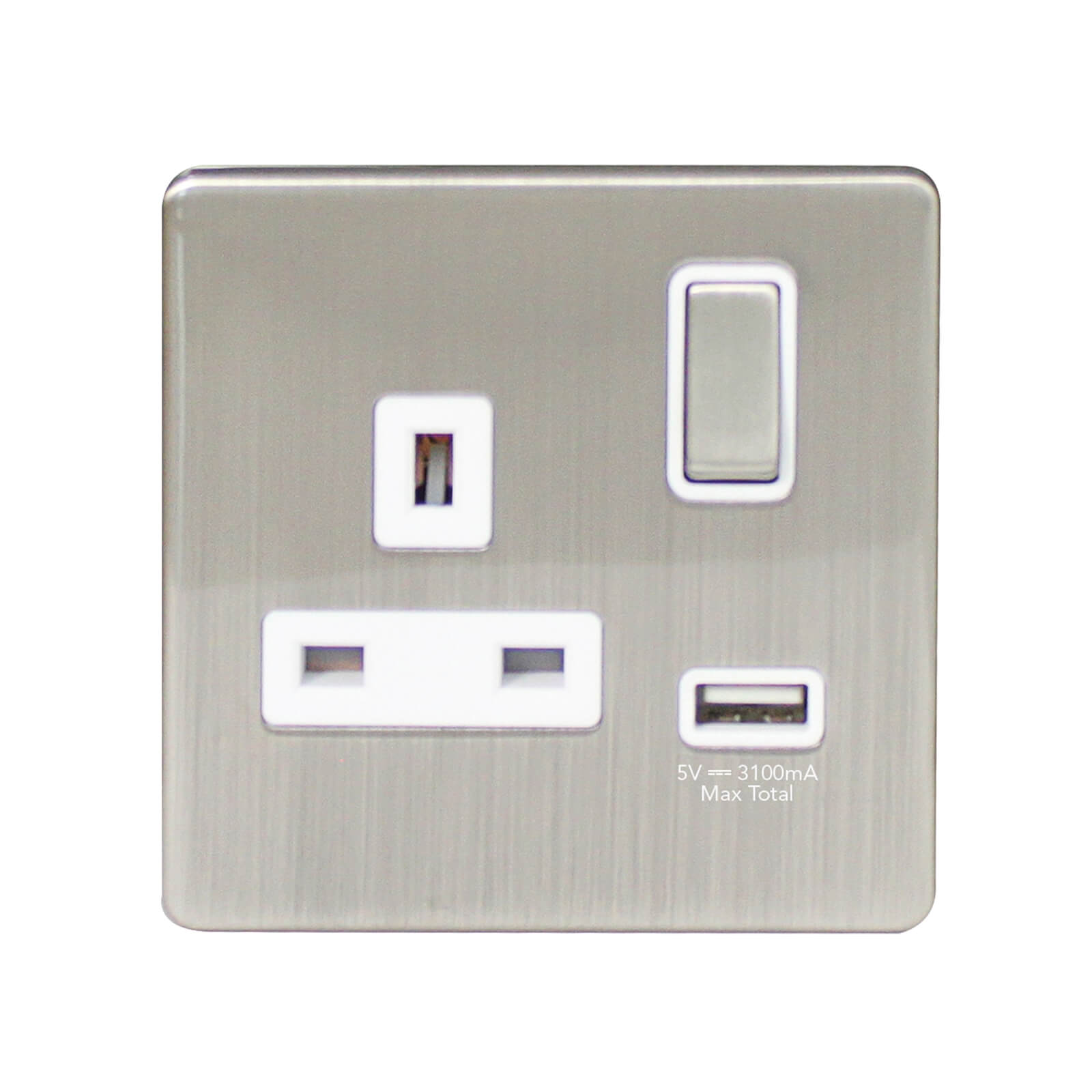 Arlec Metal Screwless 13 Amp 1 Gang Switched Socket with 2 x 2.1 Amp USB Stainless Steel