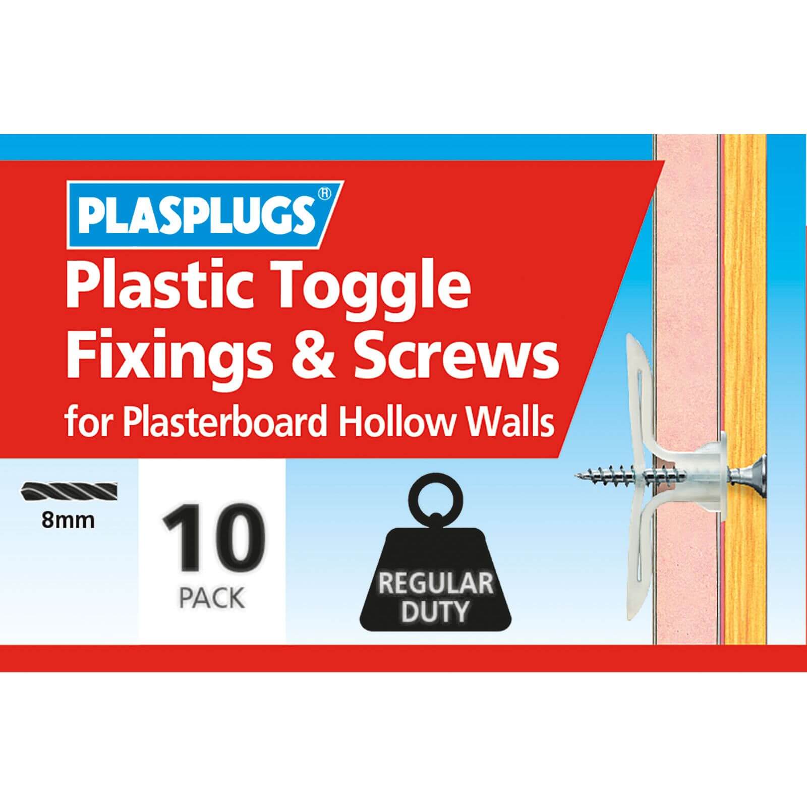 Plasplugs Standard Plasterboard Toggle & Screws x 10