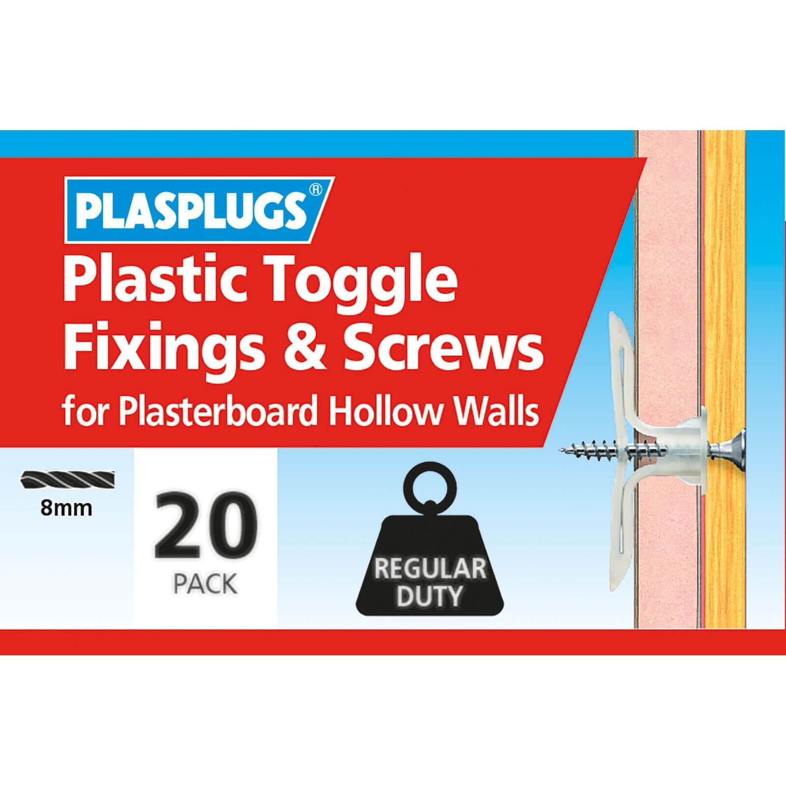 Plasplugs Standard Plasterboard Toggle & Screws x 20