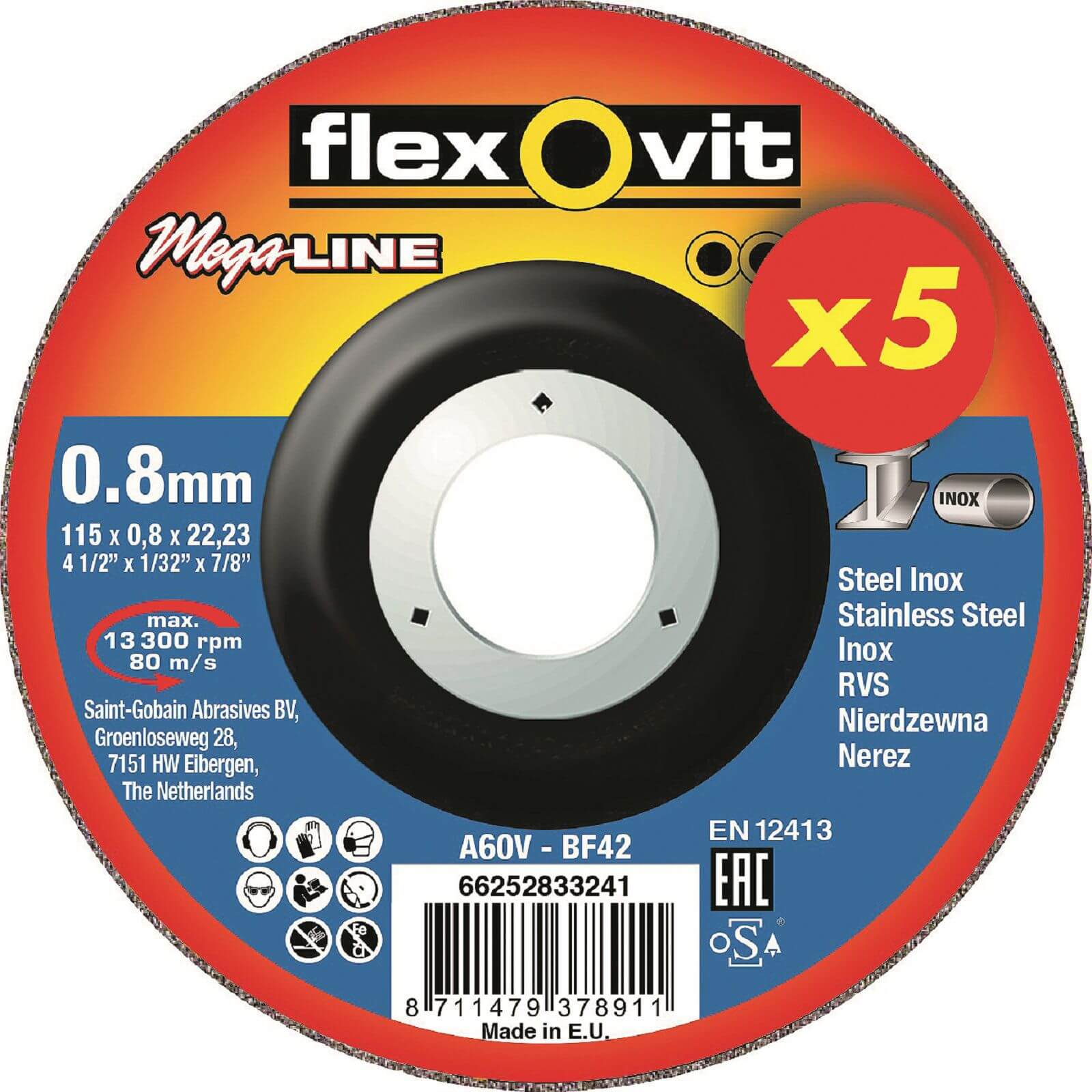 Flexovit Megaline Steel Inox Cutting Off Wheel - 115mm - 5 Pack