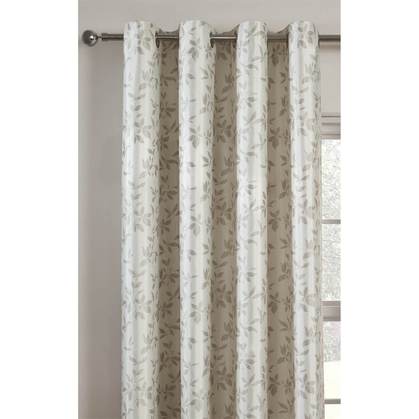 Faux Silk Leaf Natural Lined Eyelet Curtains 117cm x 137cm