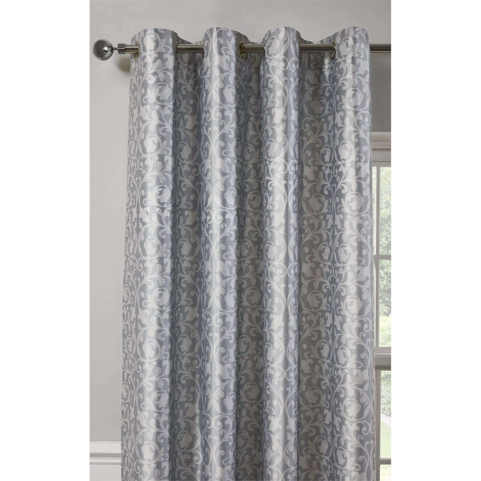 Faux Silk Damask Grey Lined Eyelet Curtains 117cm x 137cm
