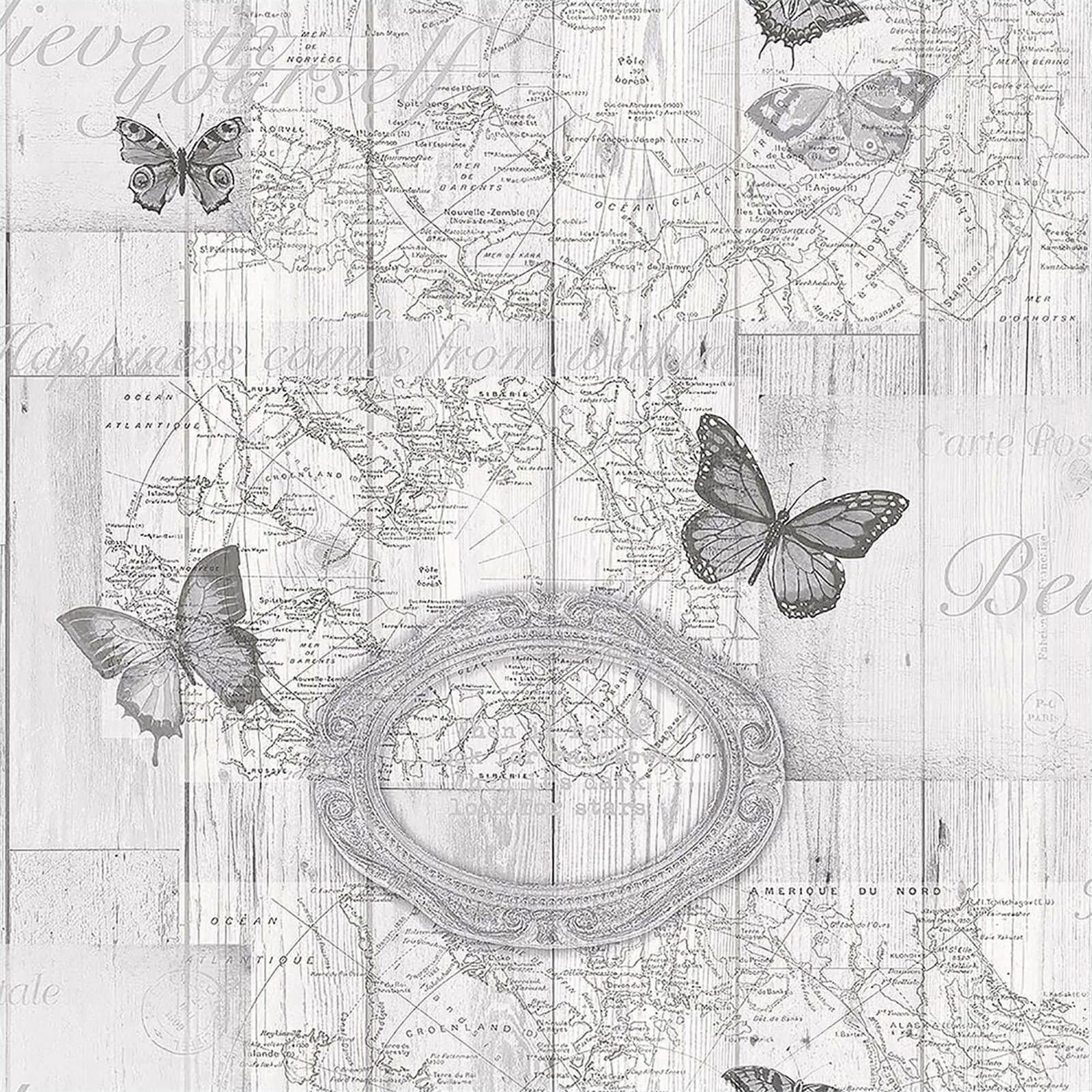 Fresco Butterfly Map Grey Wallpaper