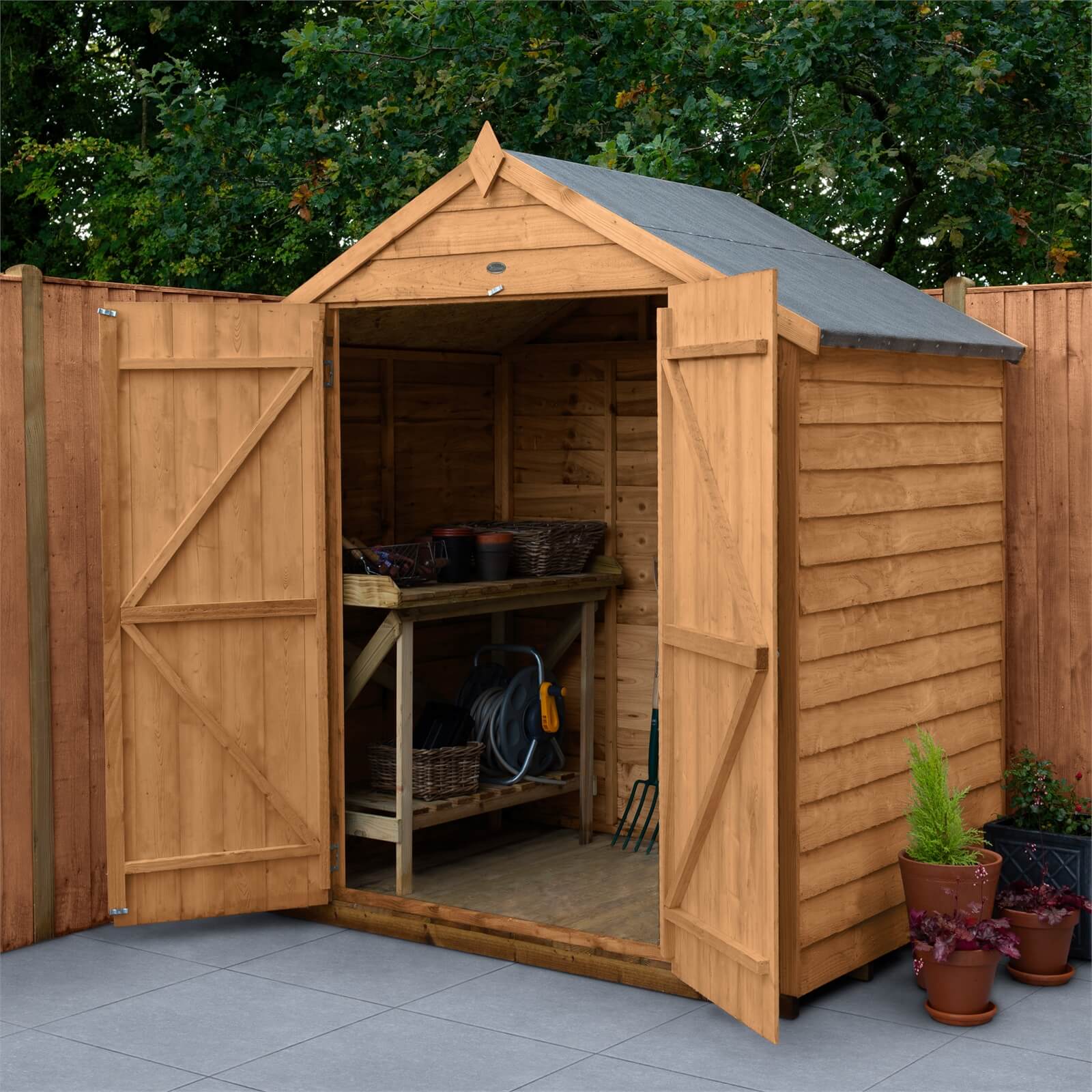 6x4ft Forest Overlap Dip Treated Apex Shed - No Window, Double Door - incl. Installation