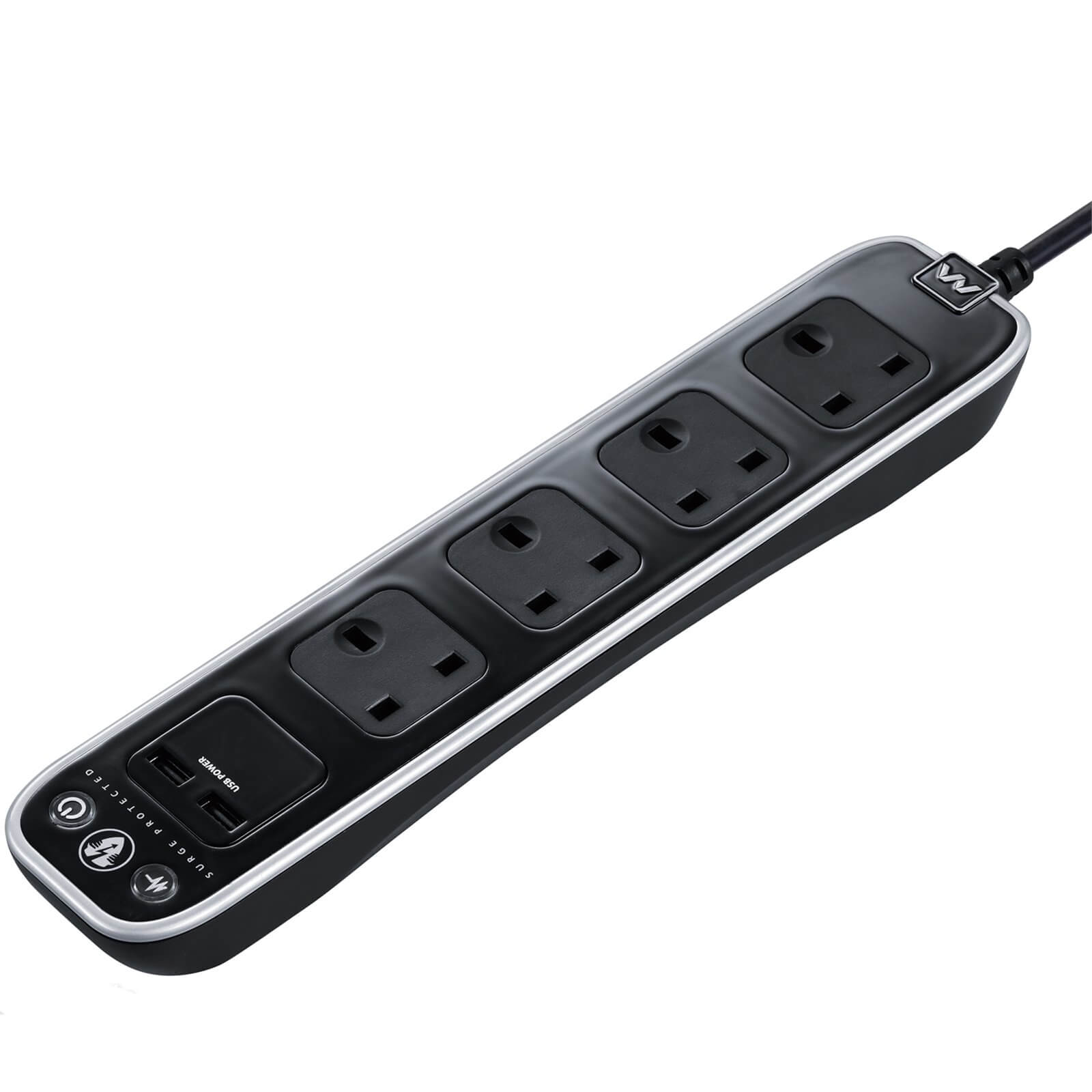 Masterplug 4 Socket 2 USB Surge Extension Lead 1m Polished Black