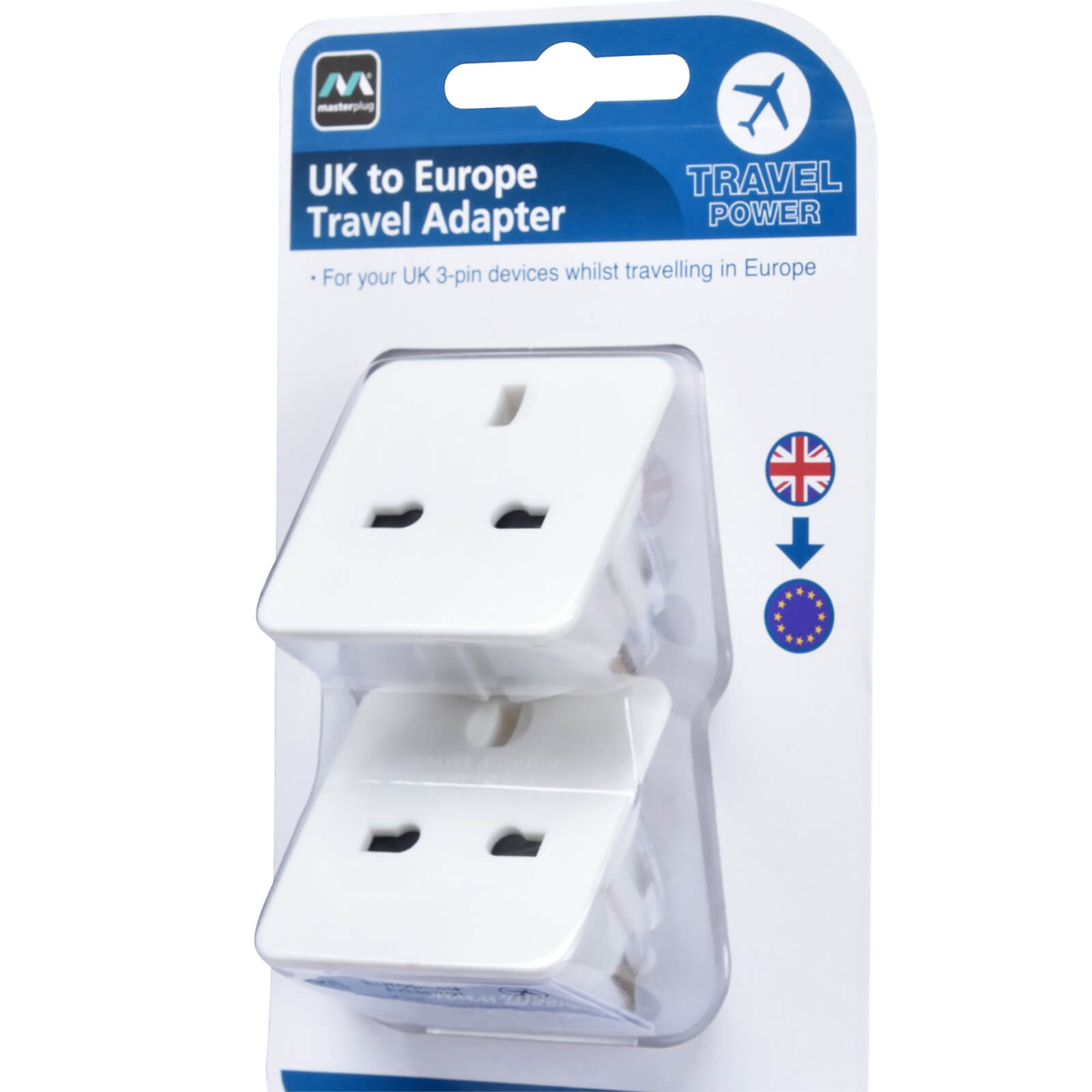 Masterplug UK to Euro Travel Adaptor White 2 Pack