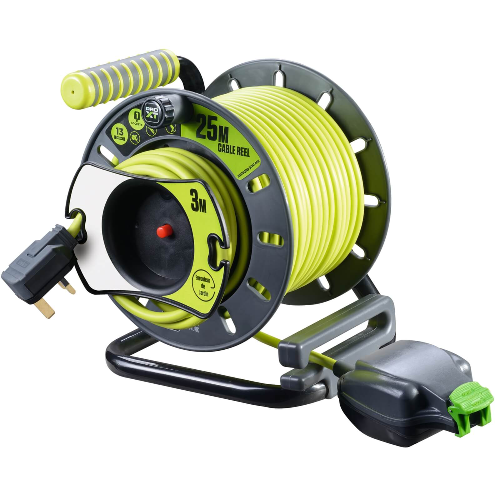 Masterplug Pro XT 1 Socket Cable Reel 25m & Reverse Reel 3m IP54 Rated Green/Grey