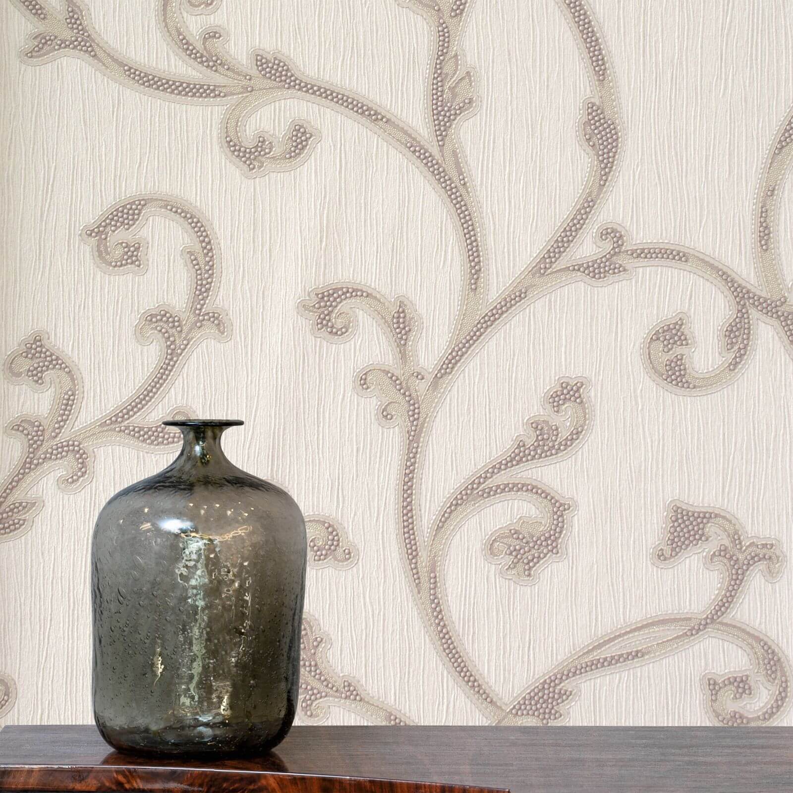 Belgravia Decor Perlina Floral Embossed Metallic Rose Scroll Wallpaper