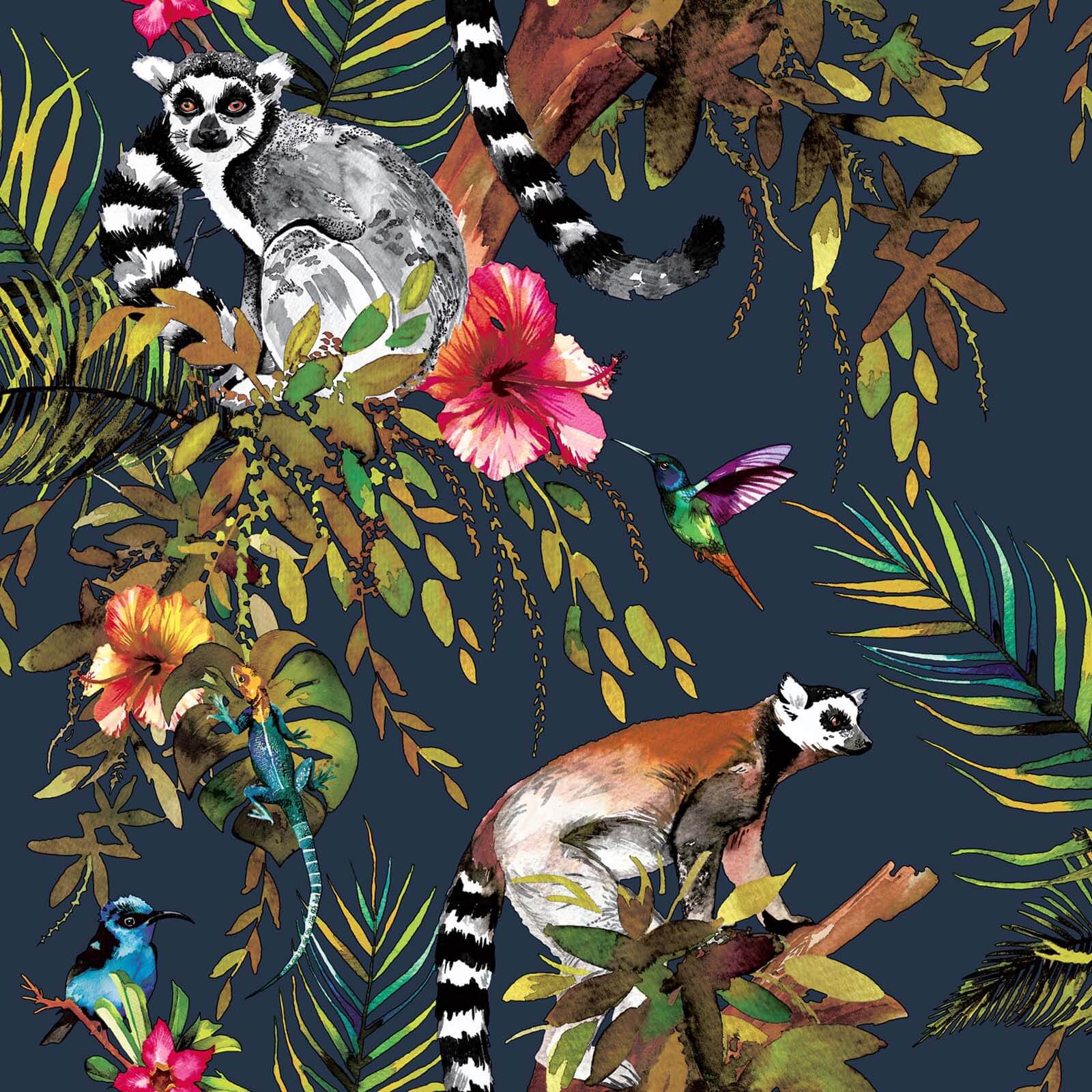 Holden Decor Lemur Jungle Smooth Metallic Navy Background Wallpaper