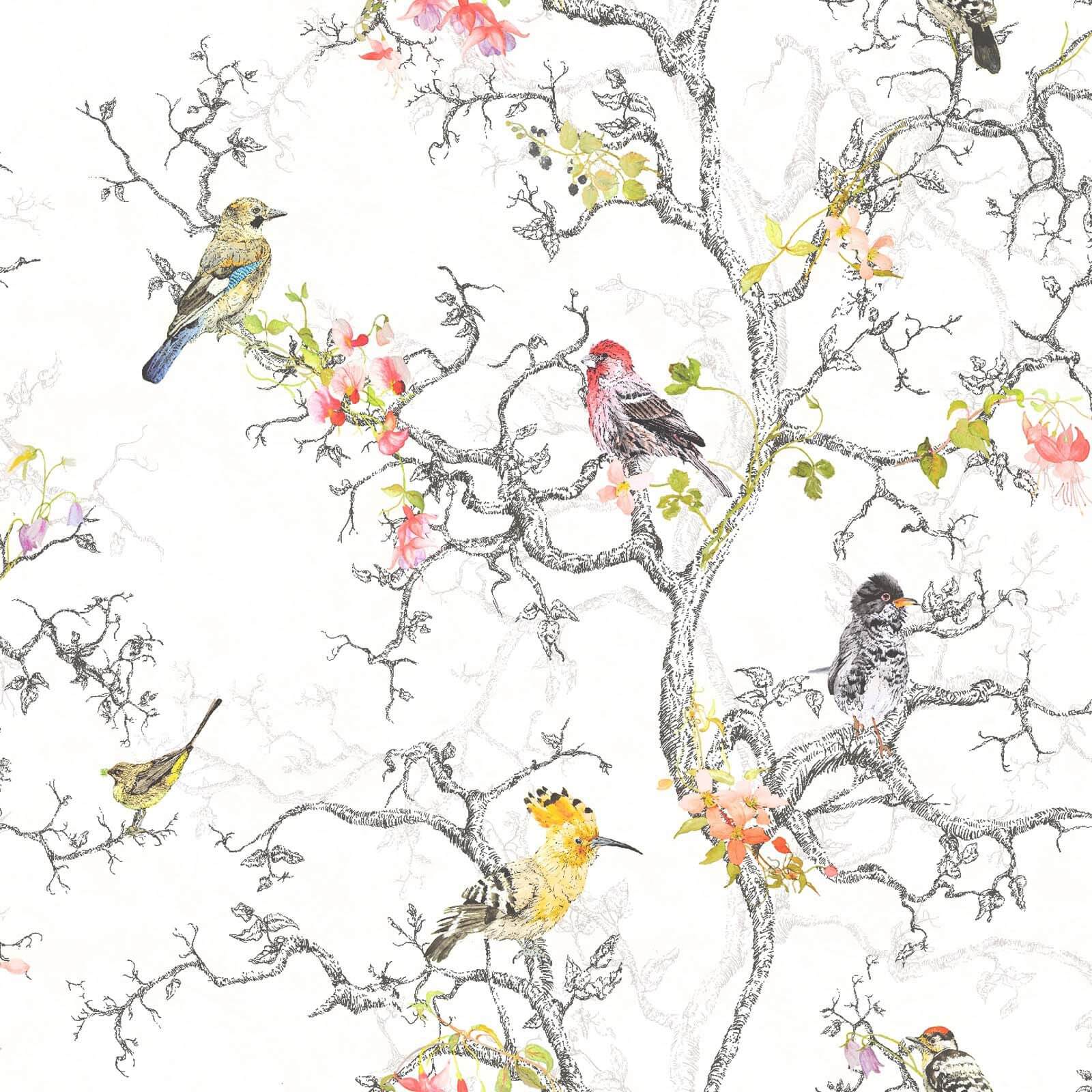 Holden Decor Ornithology Birds Tree Smooth Metallic Multi Coloured Wallpaper