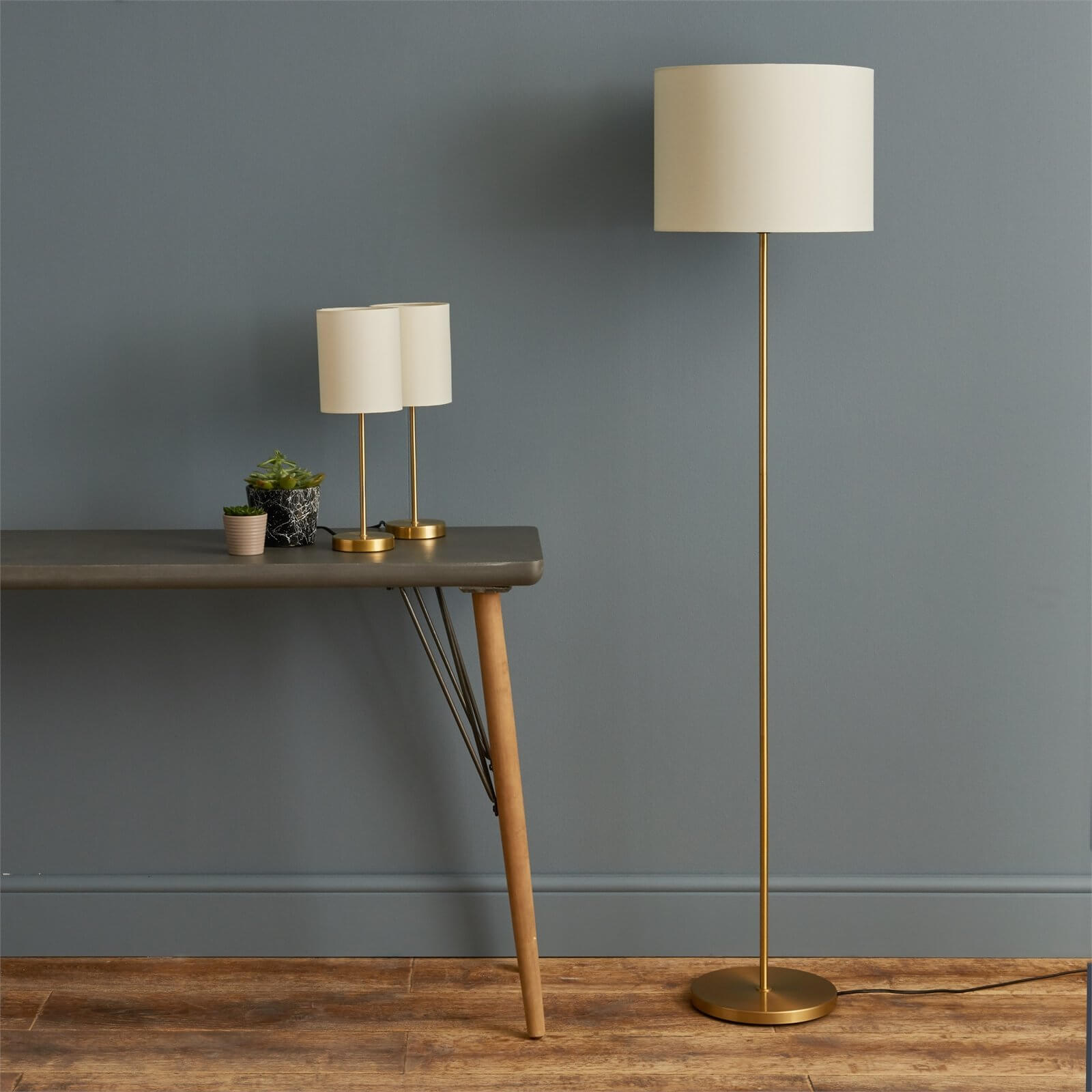Floor Lamp & Matching Table Lamps Set - Gold and Cream