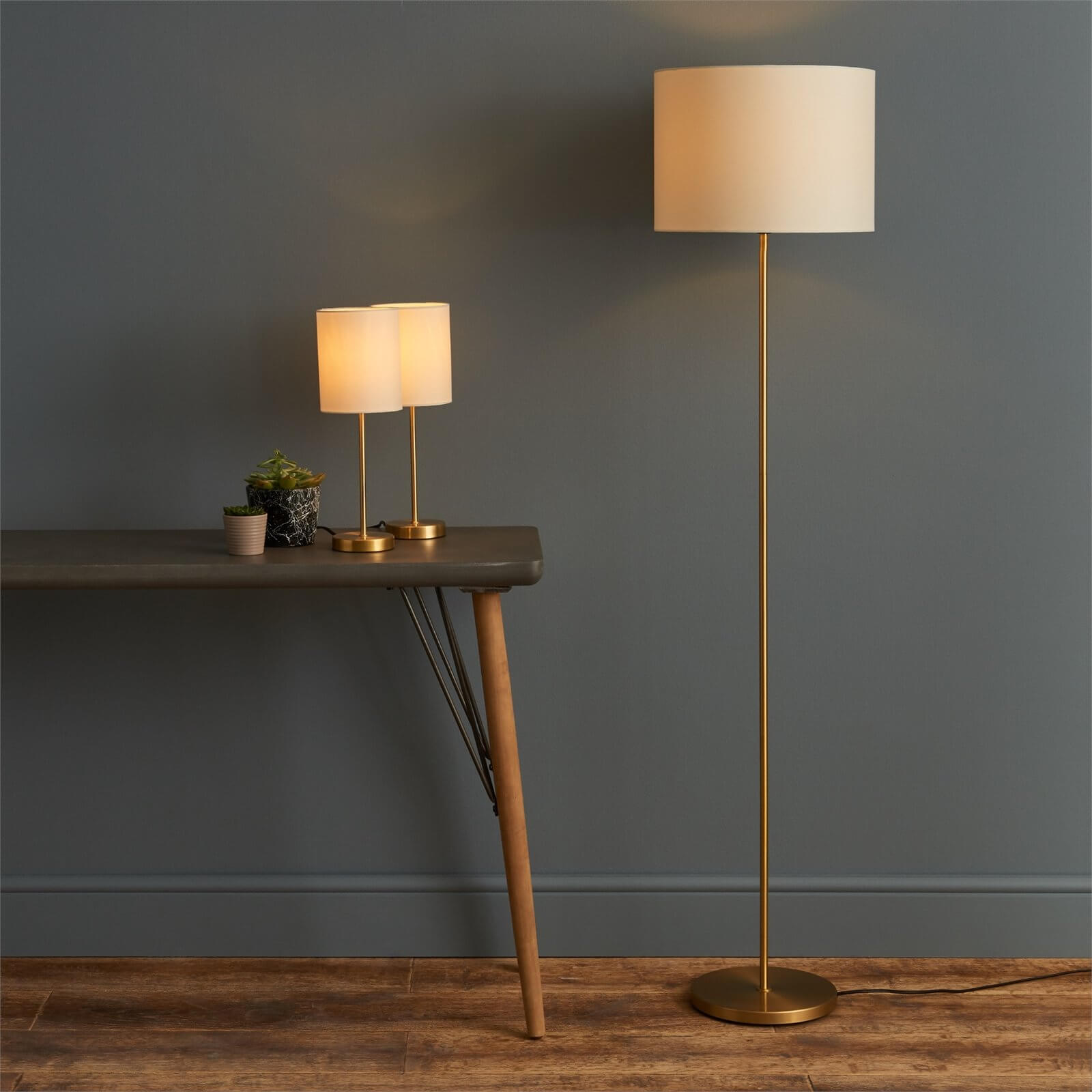Floor Lamp & Matching Table Lamps Set - Gold and Cream